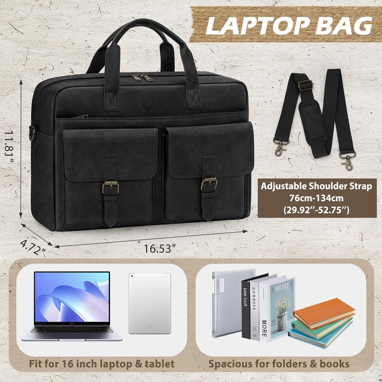 RAINSMORE Messenger Bag for Men 16 Inch Leather Laptop Bags Work Computer Briefcase Vintage Mens Satchel Shoulder Bag for Work, Office, Business, Travel, Black