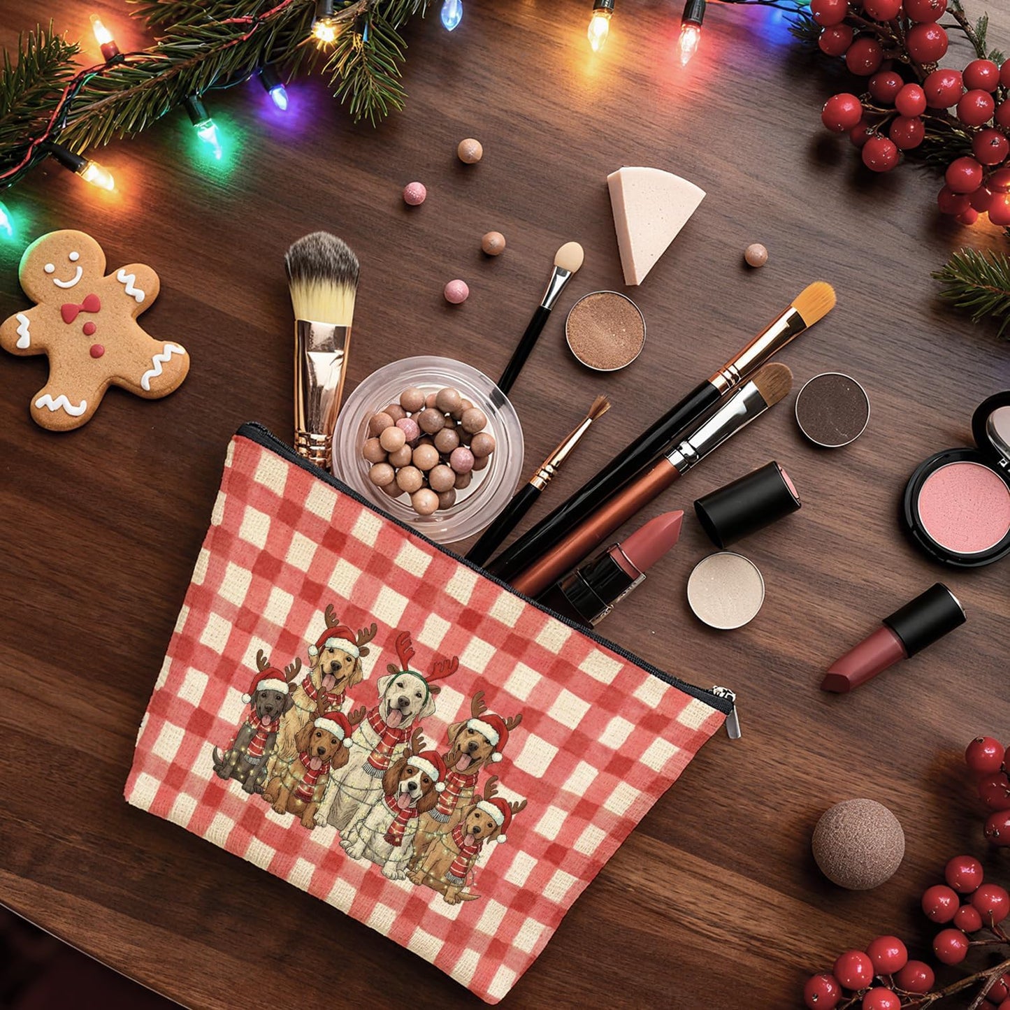 Vintage Christmas Dog Makeup Bag Gifts for Women, Christmas Santa Reindeer Golden Retriever Lover Cosmetic Bag, Red Plaid Xmas Dog Holiday Zipper Makeup Pouch Travel Toiletry Bags