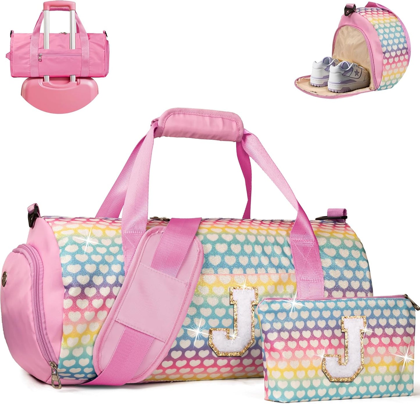 Gifts for Grandkids, Girls Travel Duffel Bag, Kids Initial Overnight Bags with Shoe Compartment, Personalized Weekender Bag with Makeup Pouch, Birthday Gift for Toddler (Letter J)