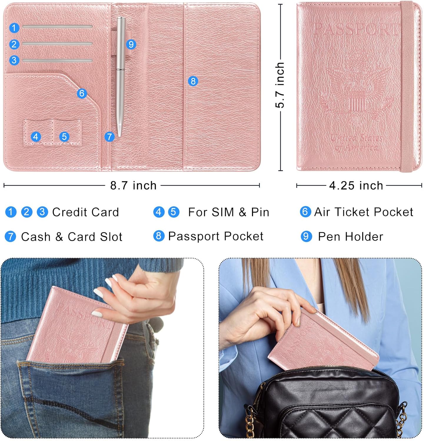 ACdream RFID BLOCKING Passport Holder Travel Wallet, Premium PU Leather Cover Passport Book with Card Holder, Pen Holder, Keep Organization, and Travel Essentials for Women and Men, Rose Gold