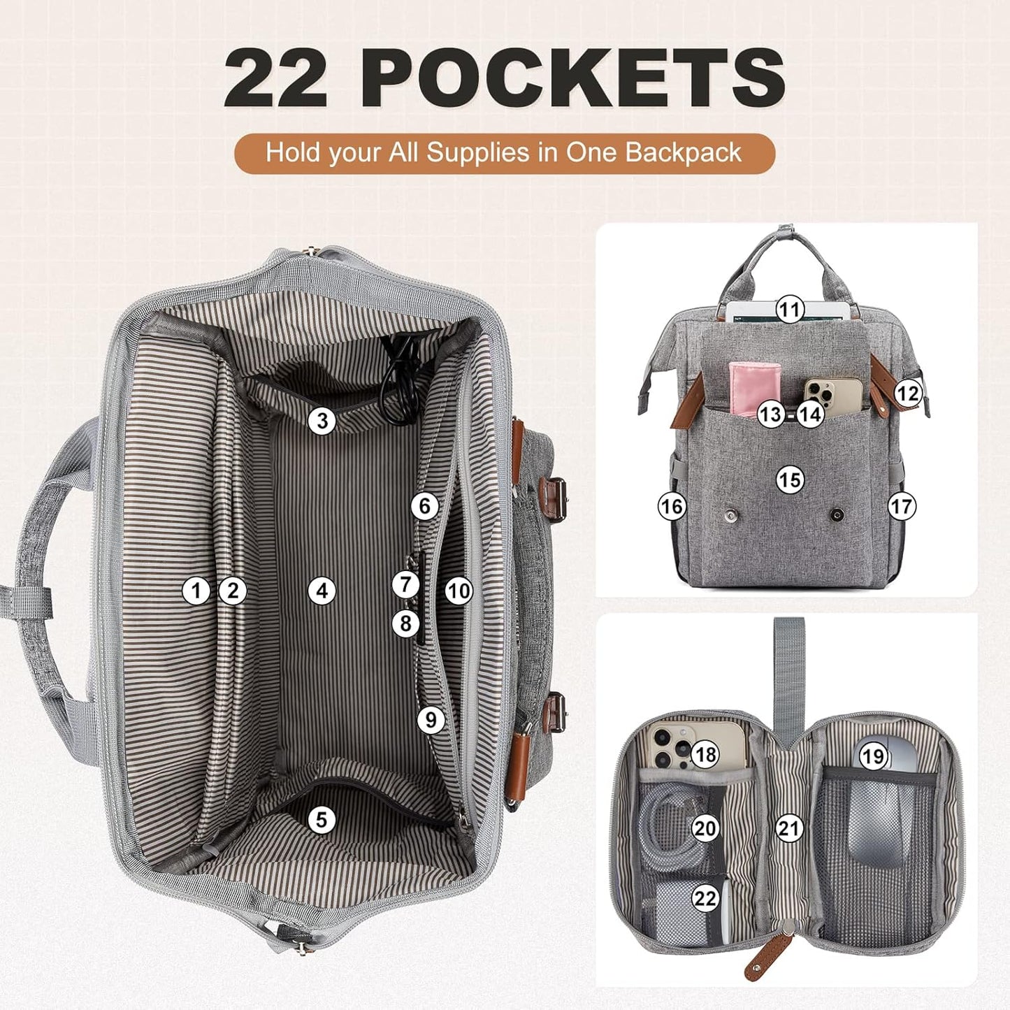 LOVEVOOK Laptop Backpack for Women Work Travel Commuter Teacher Backpack Business Computer Bag Doctor Nurse Bags College Backpack Purse, 17 Inch, Grey-brown