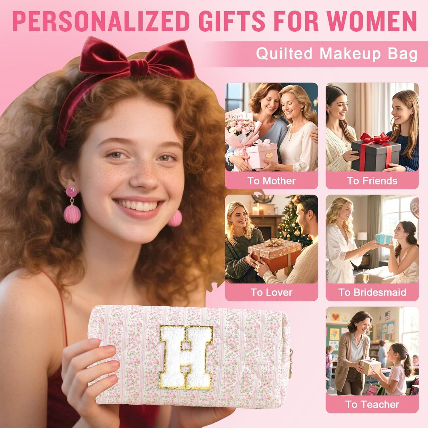 Personalized Quilted Cosmetic Bag, Puffy Monogrammed Christmas Birthday Gifts for Women & Girls