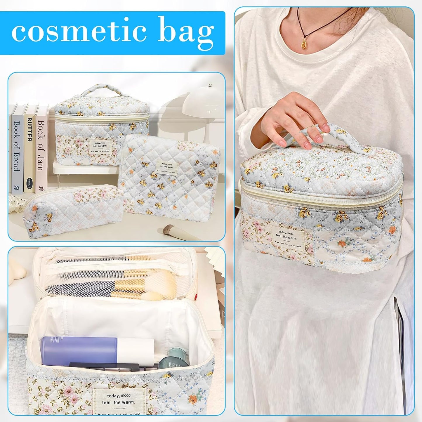 Quilted Makeup Bag, Large Capacity Travel Cosmetic Bag for Women and Girls, Aesthetic Storage for Daily and Travel Use (3pcs-overfloral)