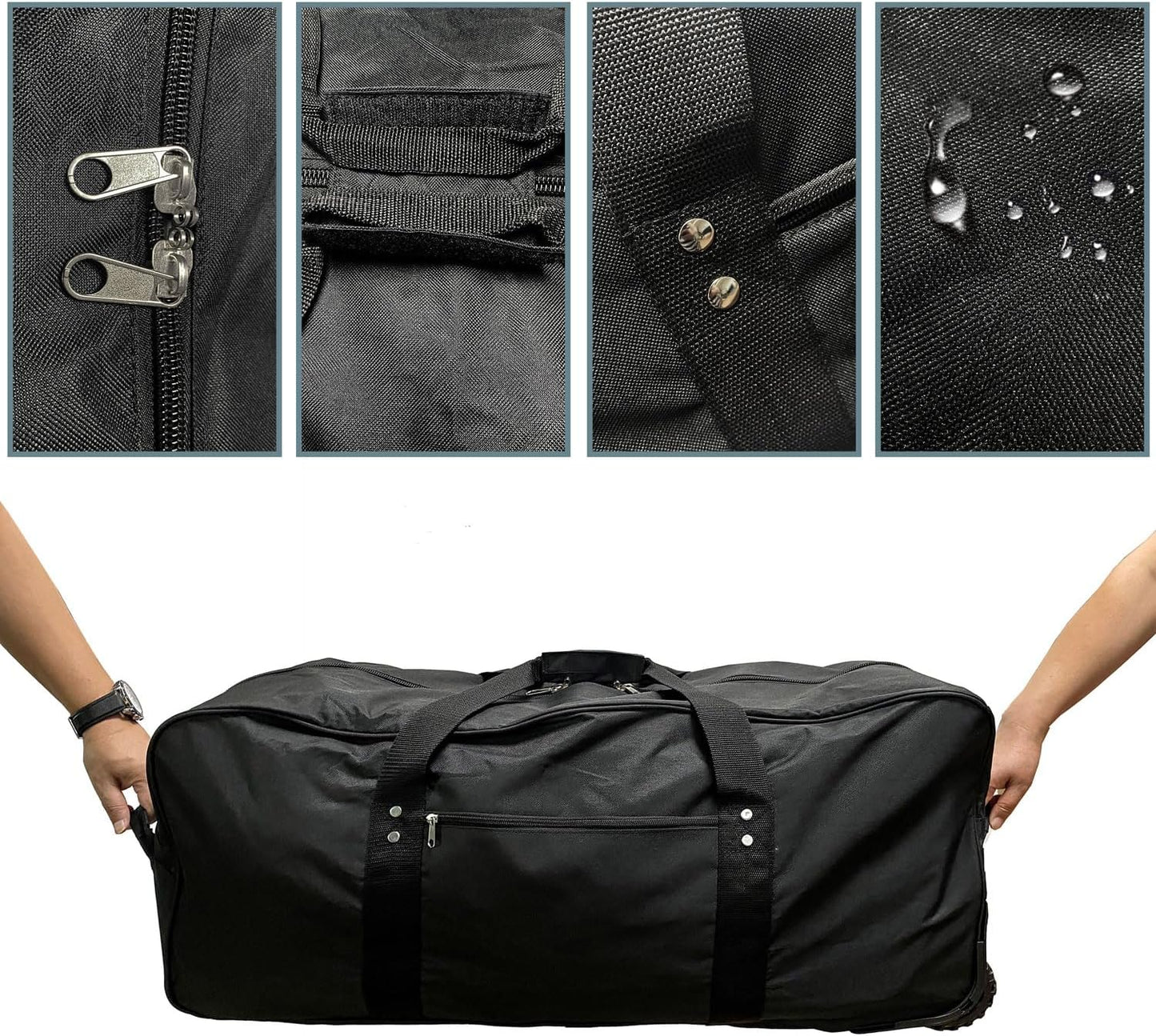 34 inch Large Foldable Duffle Bag with Wheels 600D Oxford Collapsible Large Heavy Duty Cargo Duffel Storage Duffel with Rollers for Camping Travel Gear, Black.