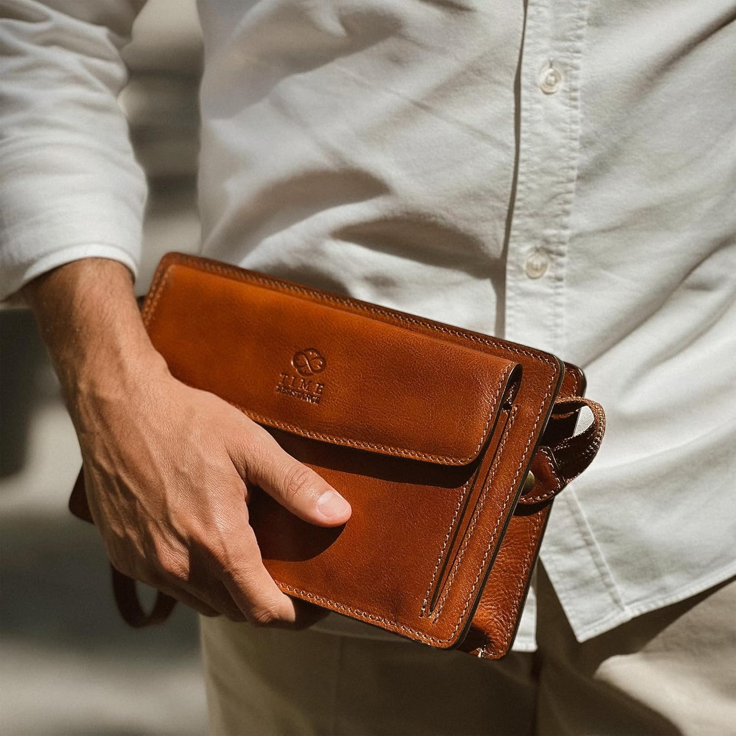 Time Resistance Leather Clutch for Men Organizer Wrist Bag Briefcase Handmade in Italy Gift Box Included