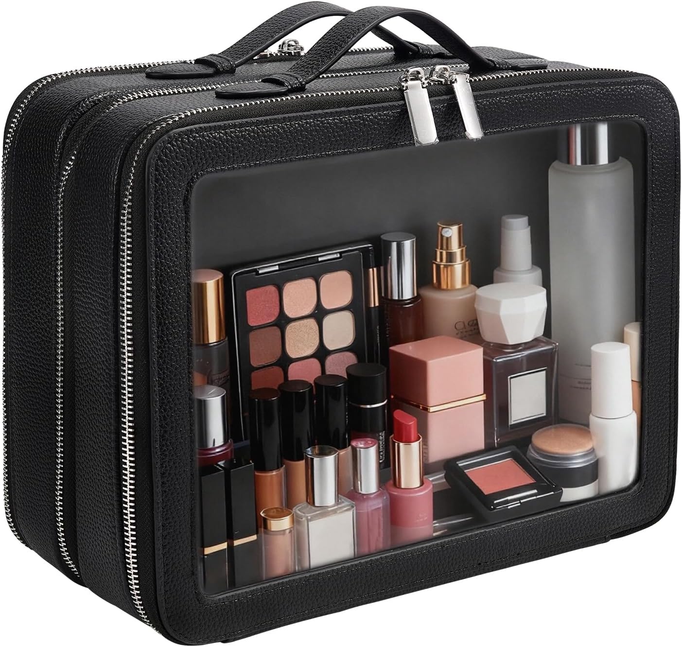 Clear Makeup Bag,Large Toiletry Case for Women,PU Leather Travel Cosmetic Bag,Detachable Makeup