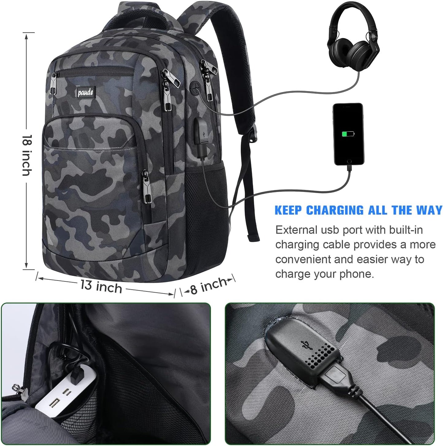 Paude Backpack for Men,College Backpack School Bookbag for Teens,Laptop Bookbag with USB Port and Headphone Hole