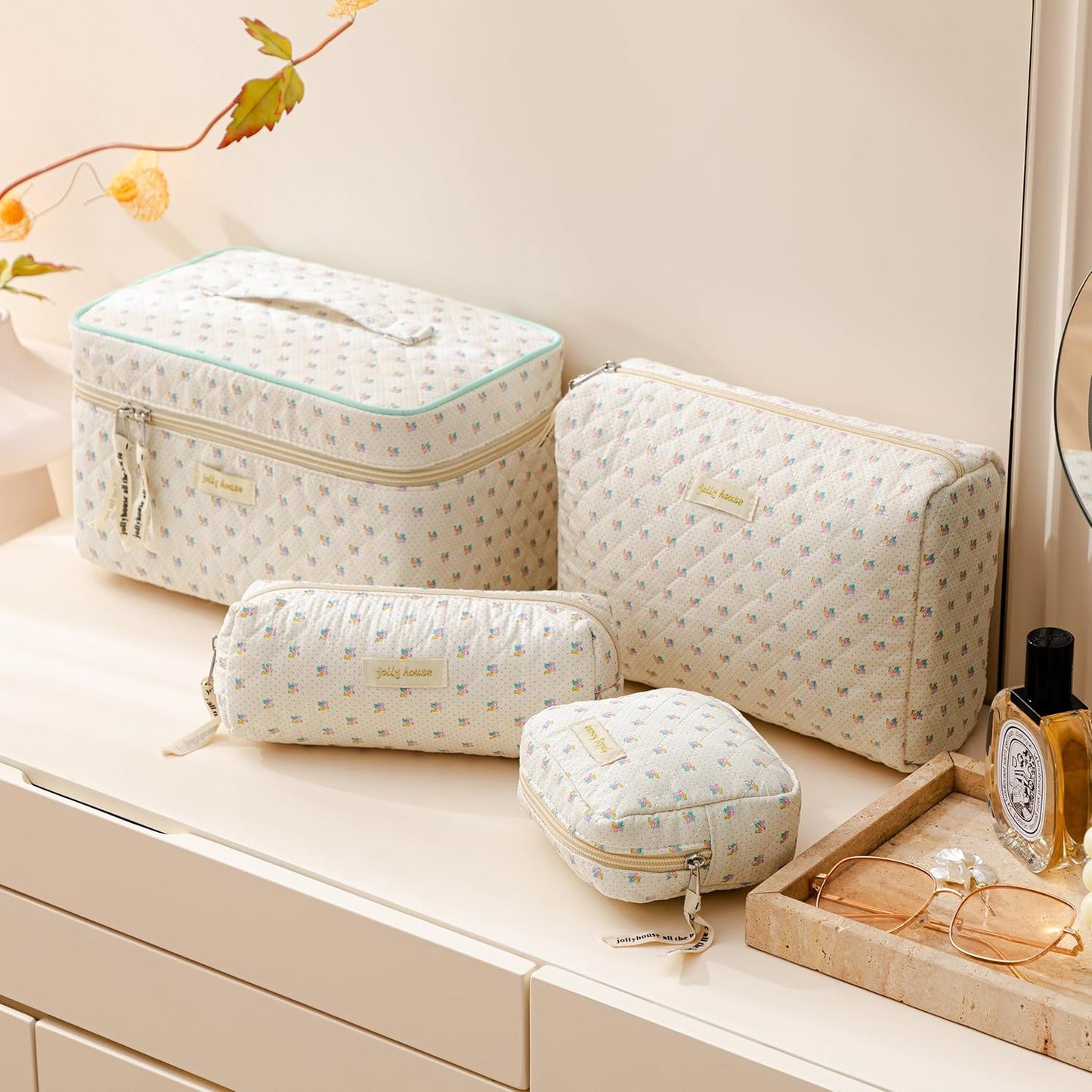HBselect 4Pcs Cotton Quilted Coquette Makeup Bag - Large Travel Cosmetic Bag - Aesthetic Cute Kawaii Floral Makeup Bag - Toiletry Bags - Coin Purse for Women Girls