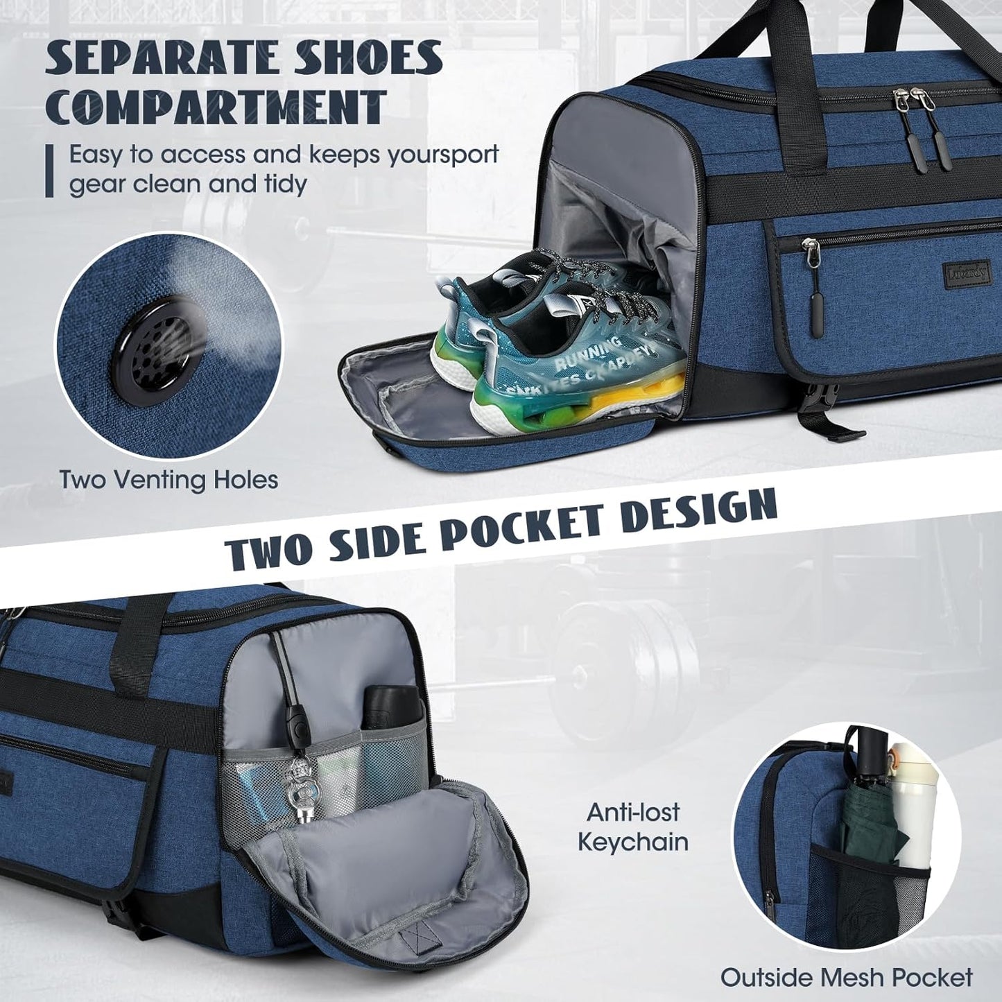 IGOLUMON Gym Bag for Men 55L Sports Duffel Bags Gym Duffle Bag Women with Shoe Compartment & Wet Pocket Water Resistant Travel Duffel Bag Lightweight Weekender Overnight Bag Blue
