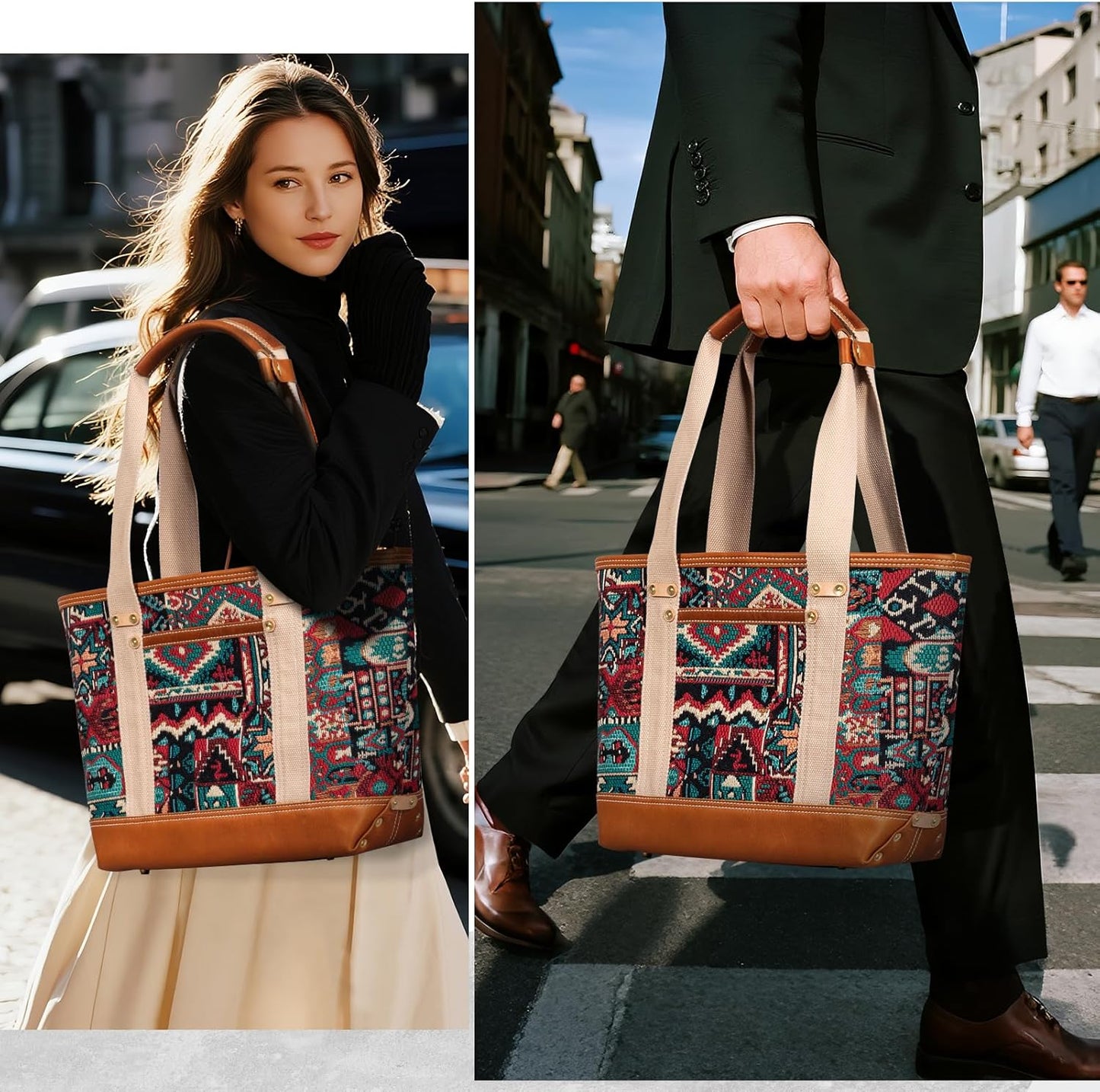 Tote Bag for Women, Canvas with Leather Handbag for Travel, Magnetic Closure,Inner Zipper Pocket