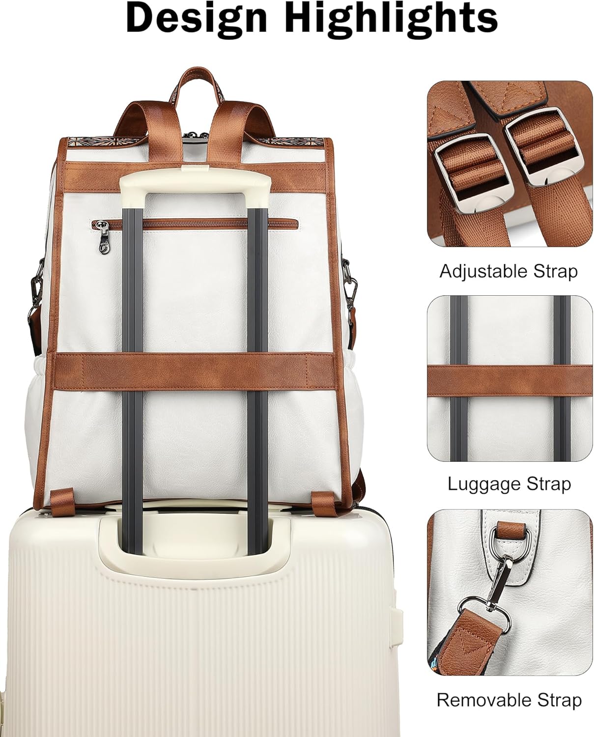FADEON Leather Laptop Backpack for Women, Designer Ladies Work Travel Computer Backpack with Laptop Compartment Purse White
