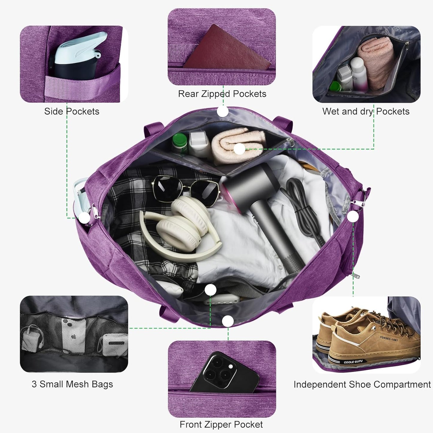 Felipe Varela Carry on luaggage Airlines Approved, Foldable Carry on Bag Travel Duffel Bags Overnight weekender Gym Duffle Carry Bag with Wet Pocket & Shoe Compartment for Women Men (Purple, 40L)