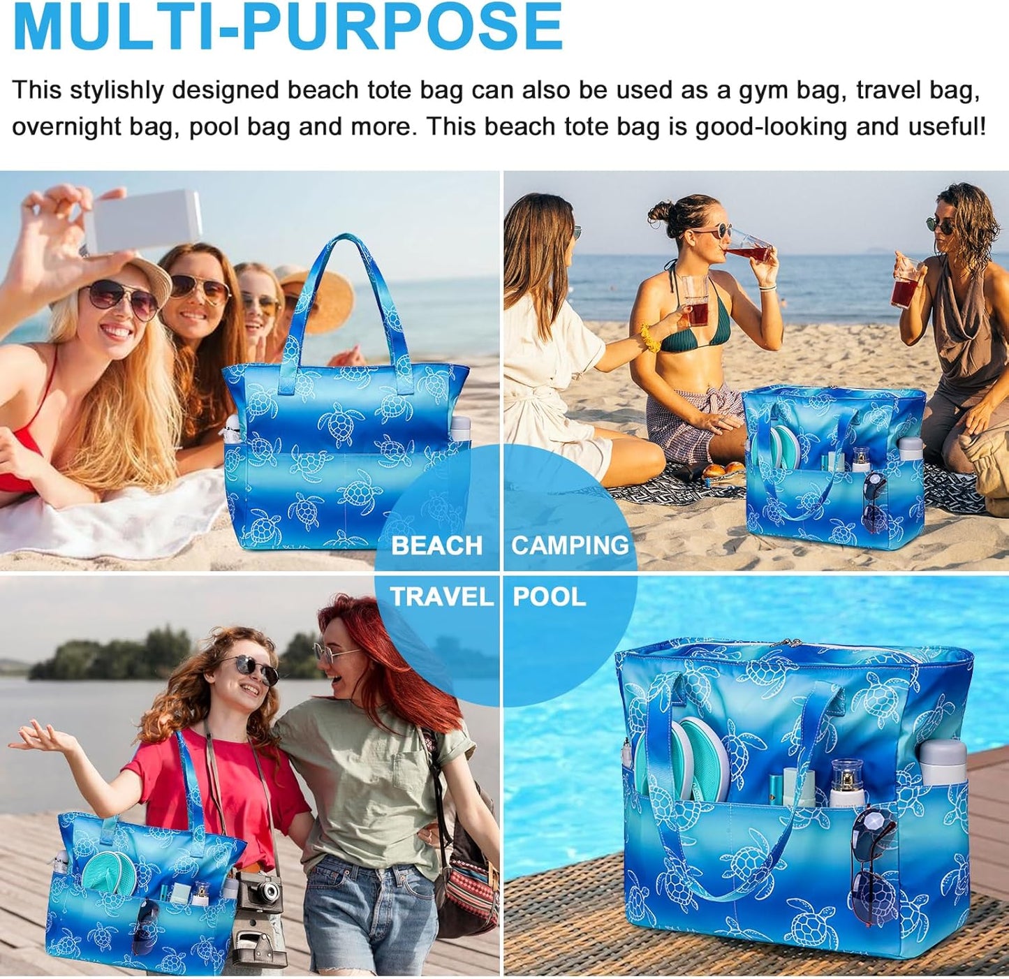 Bluboon Waterproof Beach Tote Pool Bags for Women Ladies Extra Large Carry On Bag With Wet Compartment for Weekender Travel