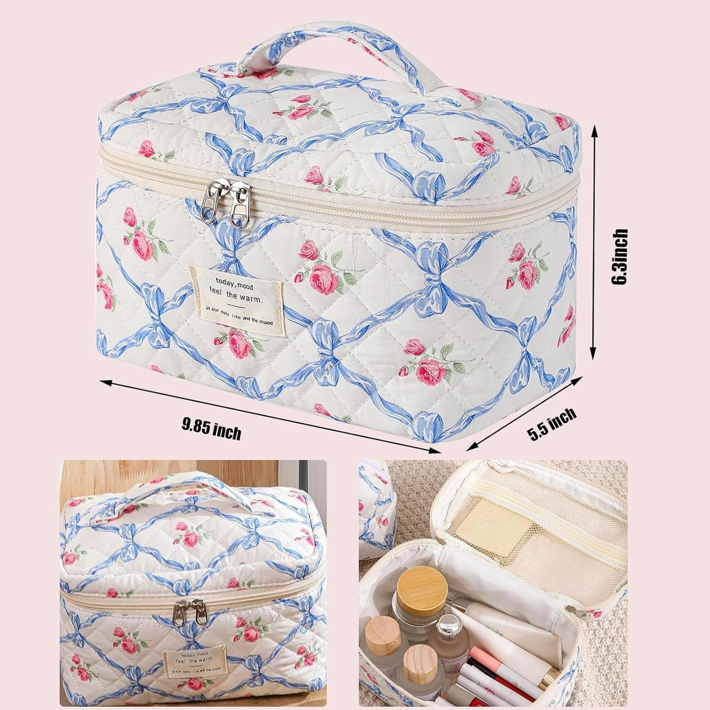 Quilted Makeup Bag, Large Makeup Bag, Cute Cosmetic Bags for Women Girls, Floral Coquette Aesthetic Patchwork Travel Toiletry Make Up Organizer Bag-Blue Bow