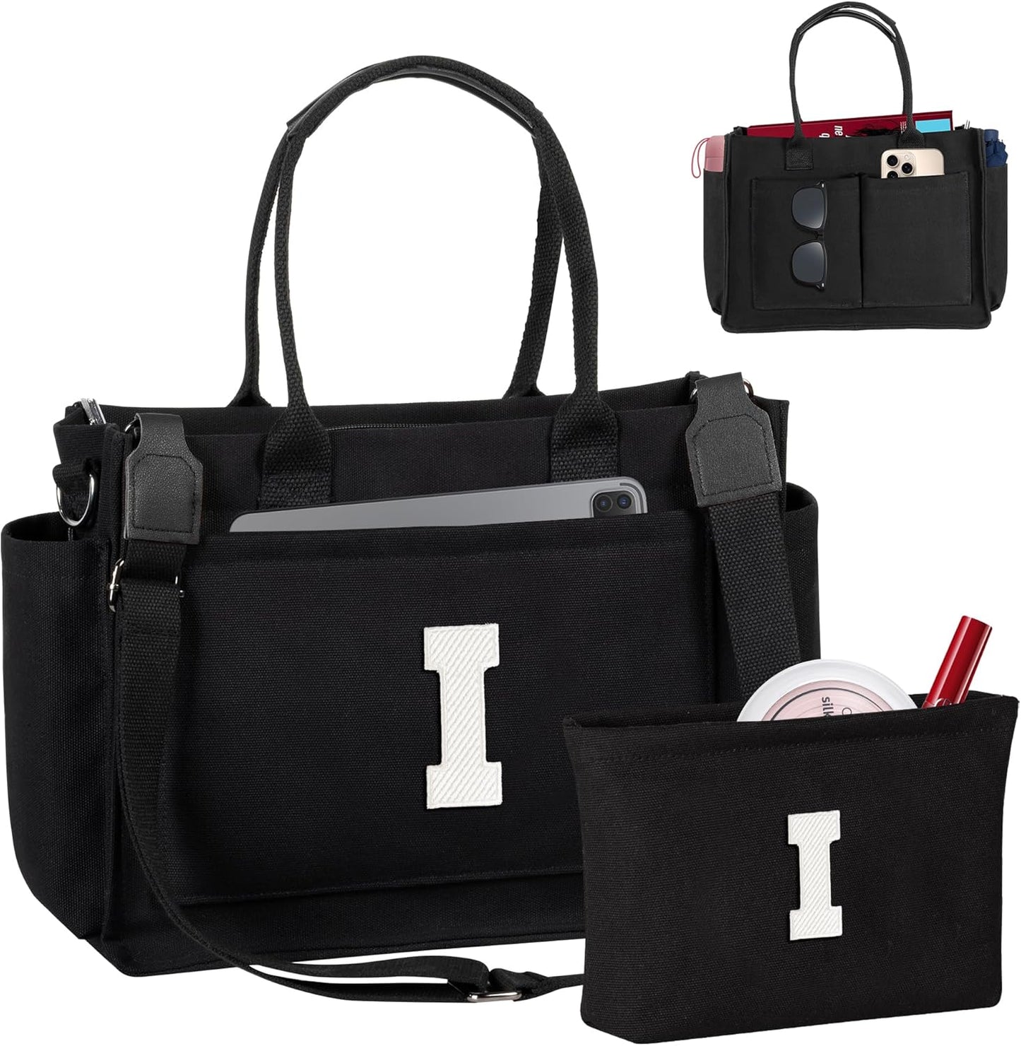 Gifts for Women Teen Girls, Initial Tote Bag with Zipper, Letter Canvas Tote Purse for College Work Laptop Beach