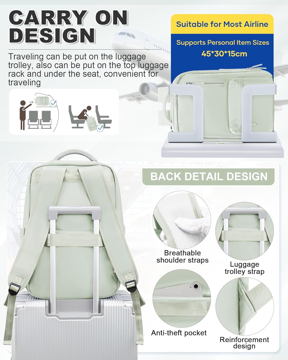 VGCUB Small Travel Backpack with Vacuum System Carry on Storage Compression Personal Item Bags with Electric Pump Work Business Vacpack College Lightweight Backpack for Women Men Mint green