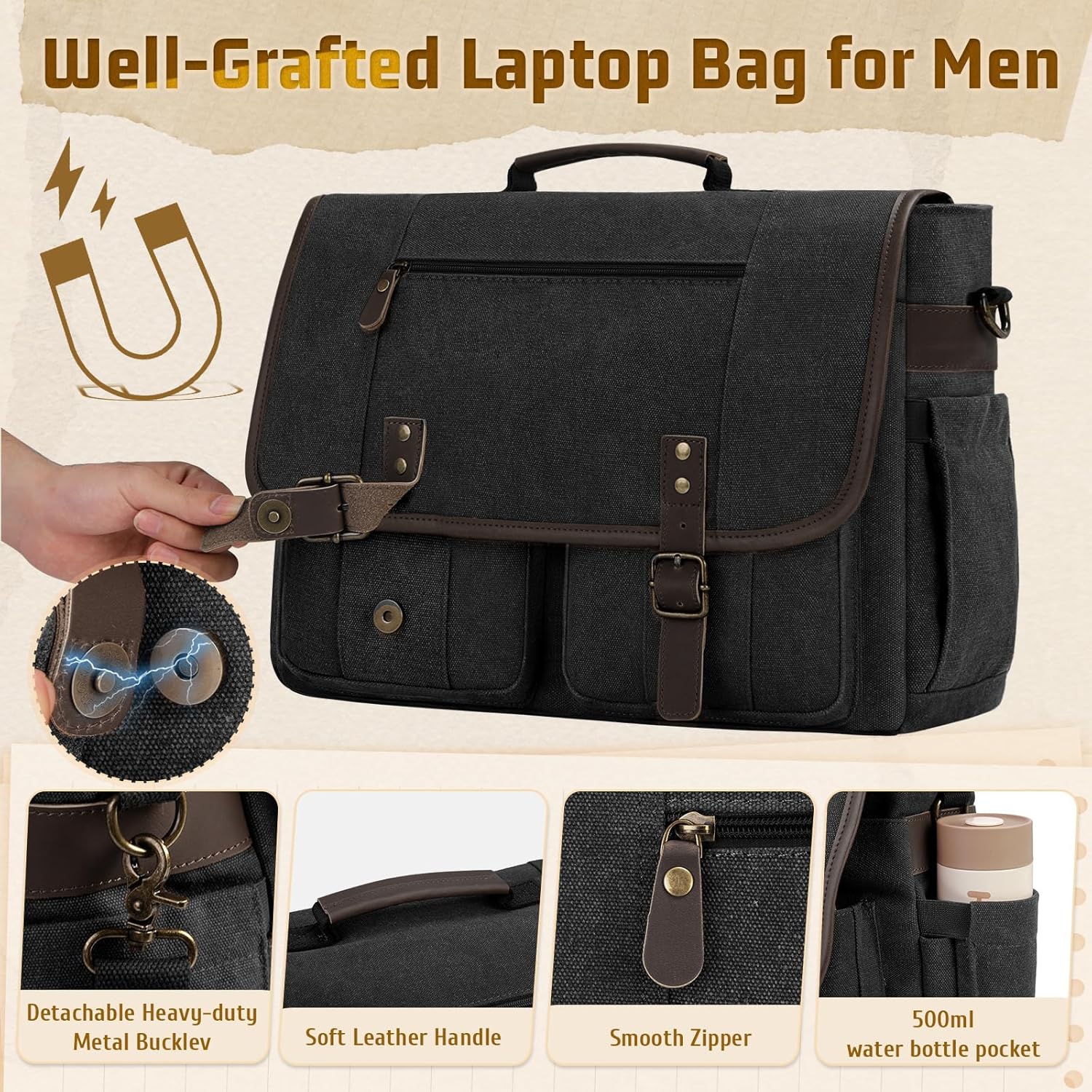 RAINSMORE Mens Messenger Bag 17-17.3 Inch Vintage Canvas Briefcase Water-resistant Large Computer