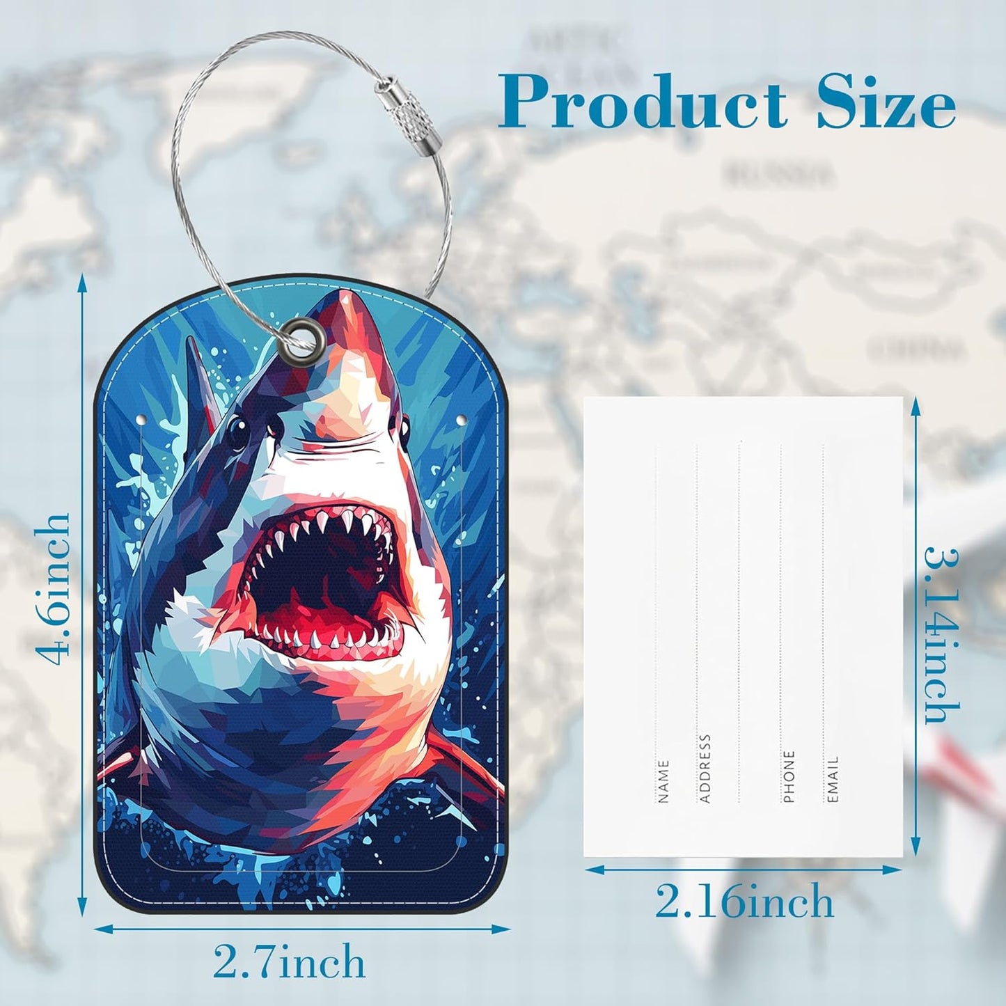 2 Pack PU Luggage Tags for Suitcase, Cute Shark Suitcase Tag Leather ID Label Bag Tags with Privacy Cover and Metal Loop for Men Women Travel Bag