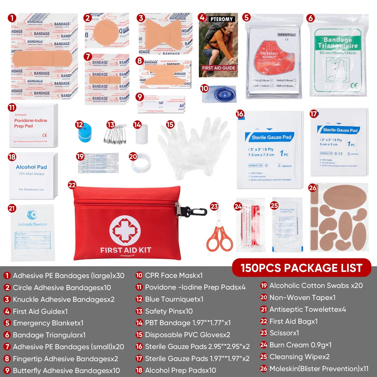 PTEROMY 150 Piece Mini First Aid Kit, Portable Small Emergency Kits Compact 1st Aid Kit for Car