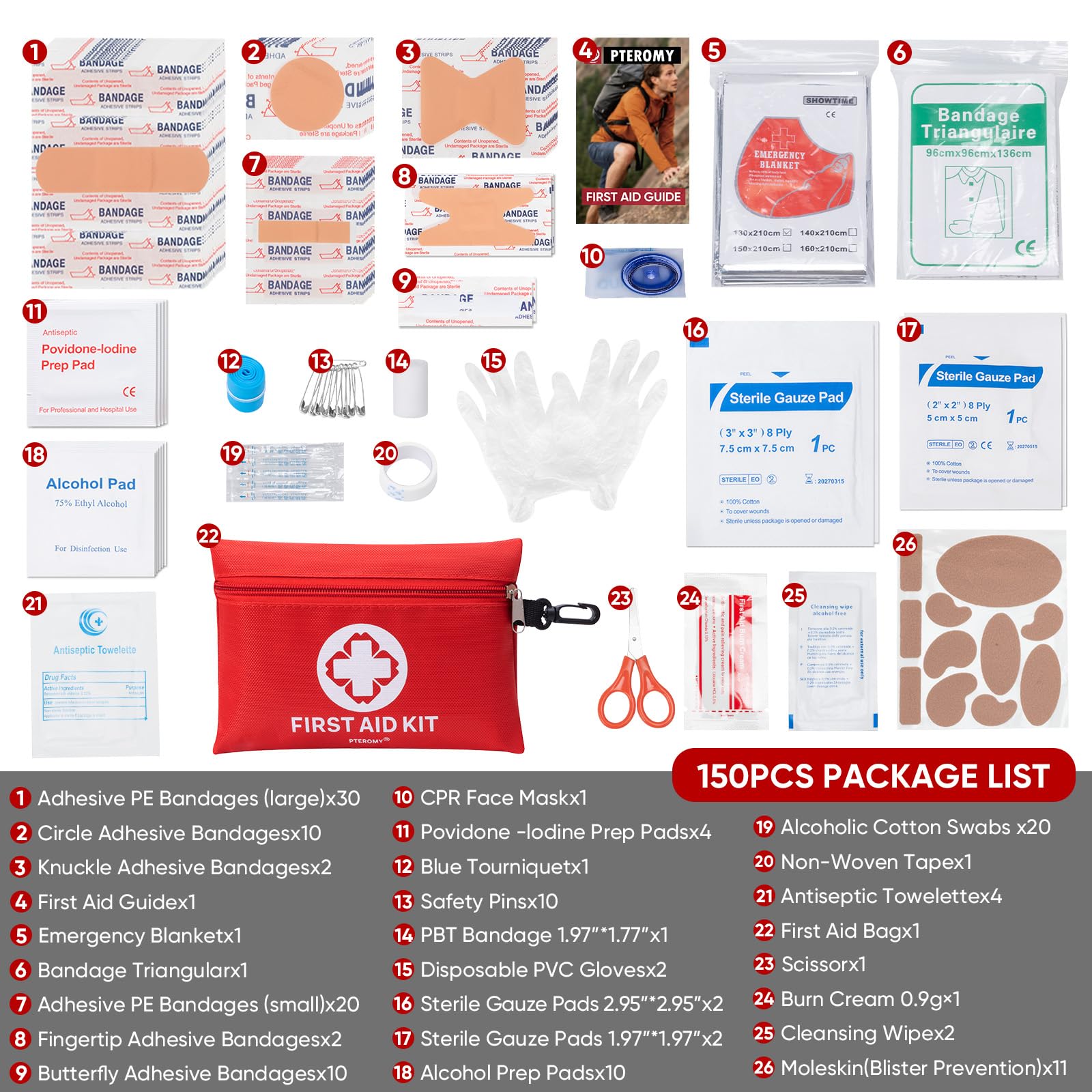 PTEROMY 150 Piece Mini First Aid Kit, Portable Small Emergency Kits Compact 1st Aid Kit for Car