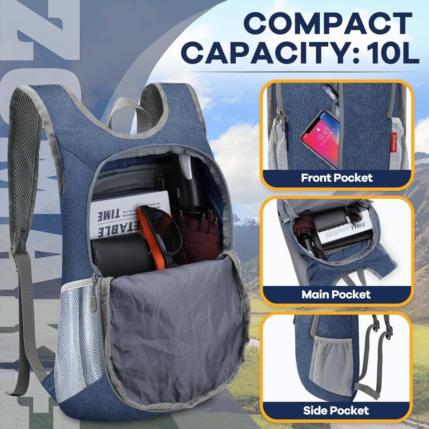 ZOMAKE 10L Ultra Lightweight Packable Backpack, Small Daypack Light Foldable Backpacks Water