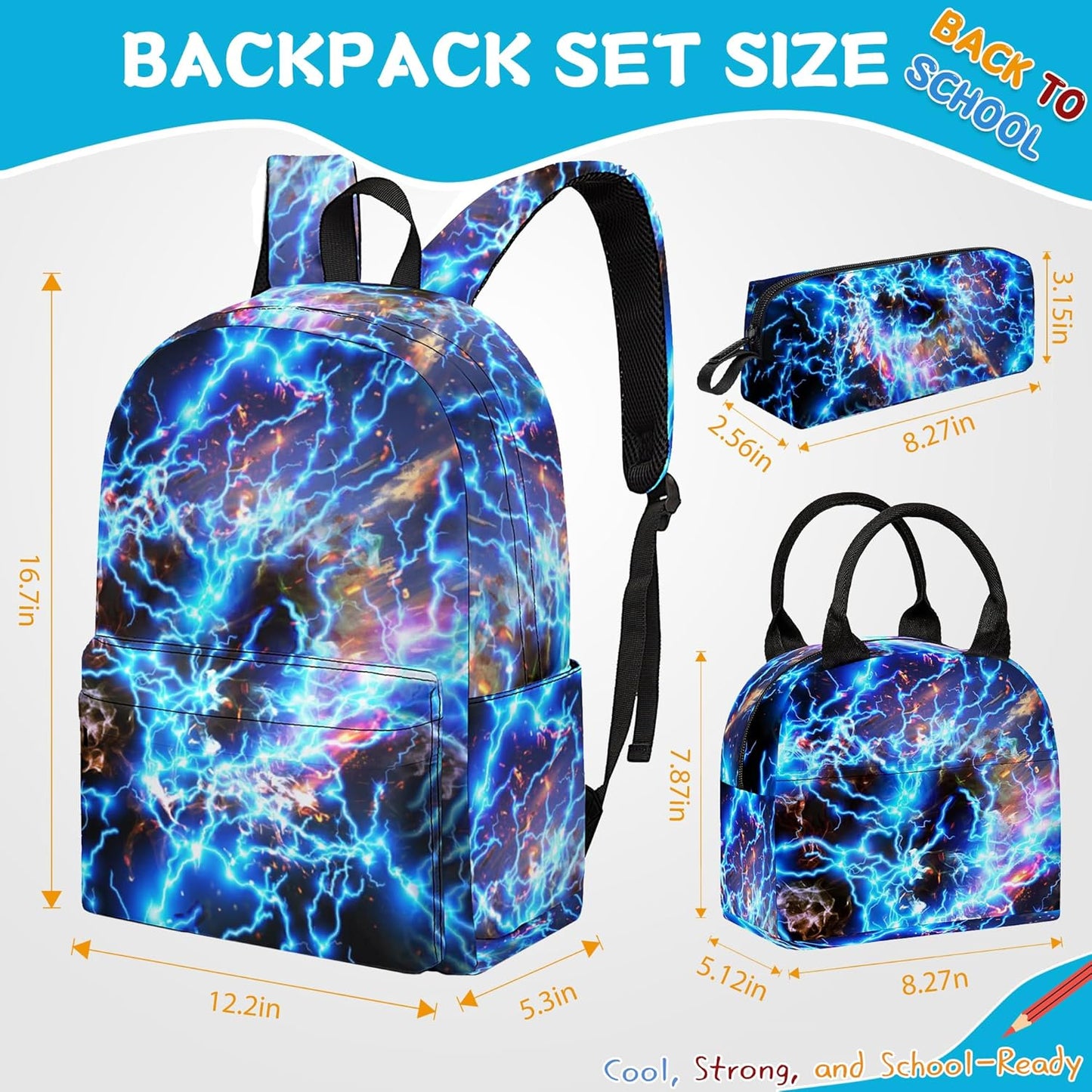 3PCS Lightning Backpack Set for Boys, Large Lightweight 17 Inch Backpack with Lunch Bag & Pencil Case for Kids, Back to School Bookbag for Elementary Middle School -Blue