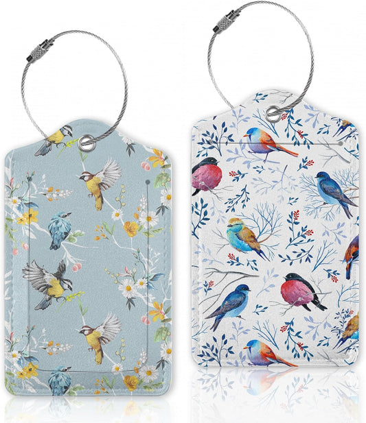 2 Pcs Luggage Tag for Suitcases,Colorful Flowers and Birds Leather Baggage Tags Identifiers for Travel, Privacy Protection Travel Bag Labels Suitcase Tags for Women Men