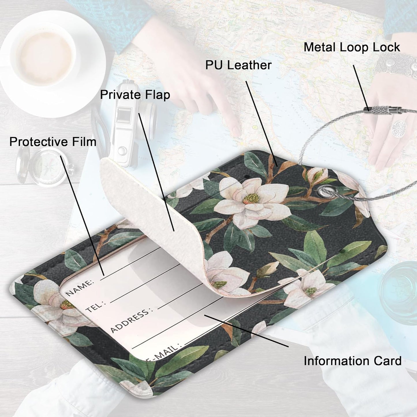 Magnolia Spring Luggage Tag for Suitcase,Floral Travel Tags with Privacy Cover ID Label & Stainless Steel Loop for Women