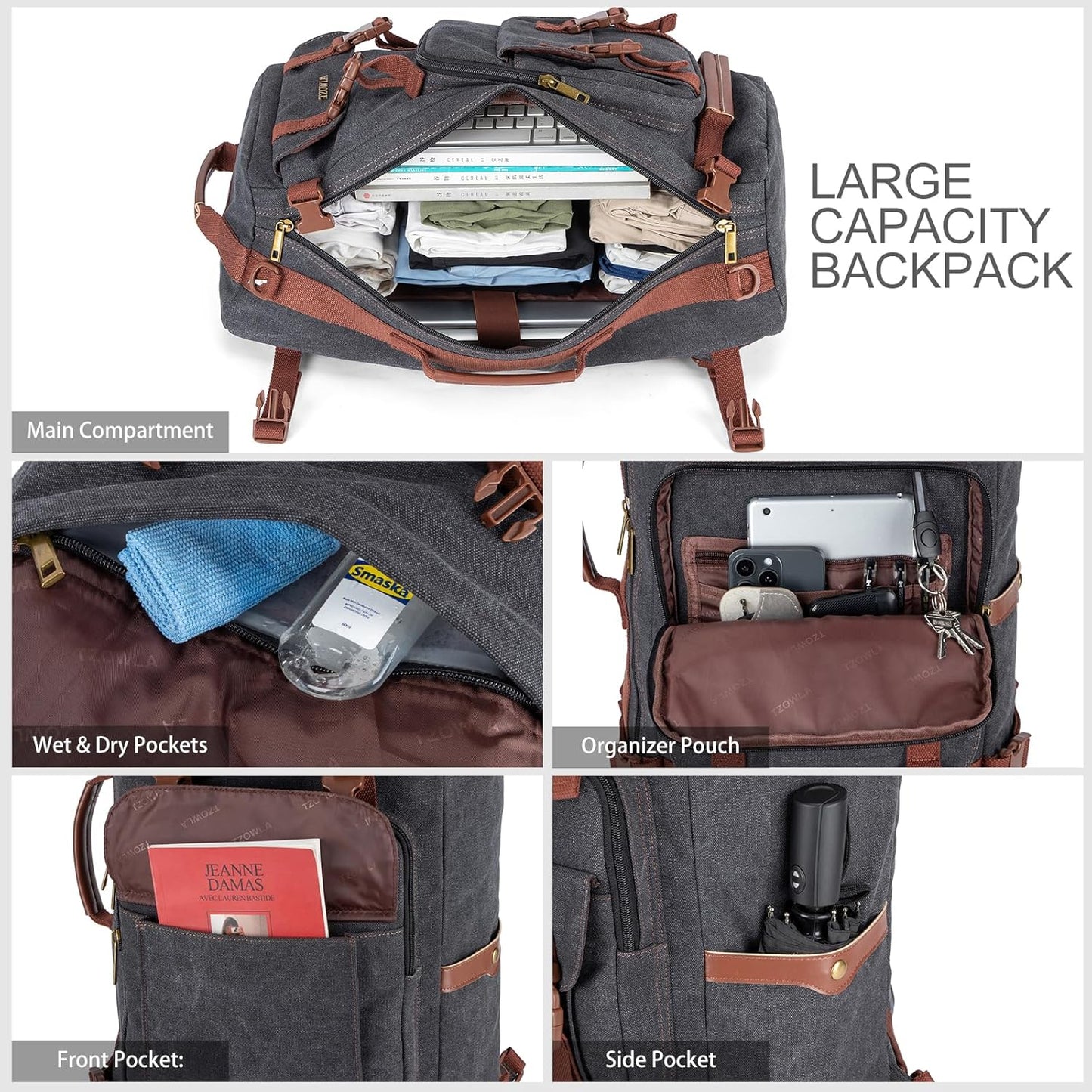Tzowla Canvas Travel Backpack Carry on Flight Approved,Large Vintage Messenger Bag,3-in-1 Convertible Backpacks Duffel Bag,Personal ltem Laptop Rucksack for Men and Women Fit 17 Inch Laptop(Black)