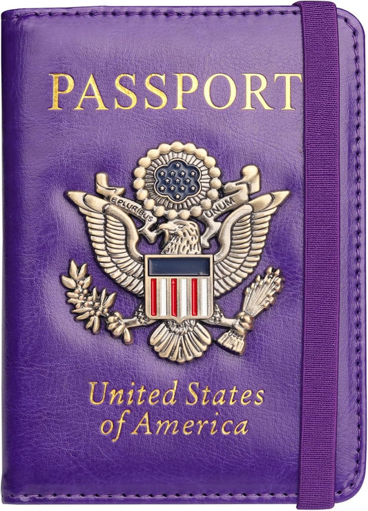 Herain Passport Holder Wallet Cover Case for Women Men Family, Metal US Badge Passport Book Holders with RFID Blocking, Travel Must Haves Cruise Ship Essentials (purple)