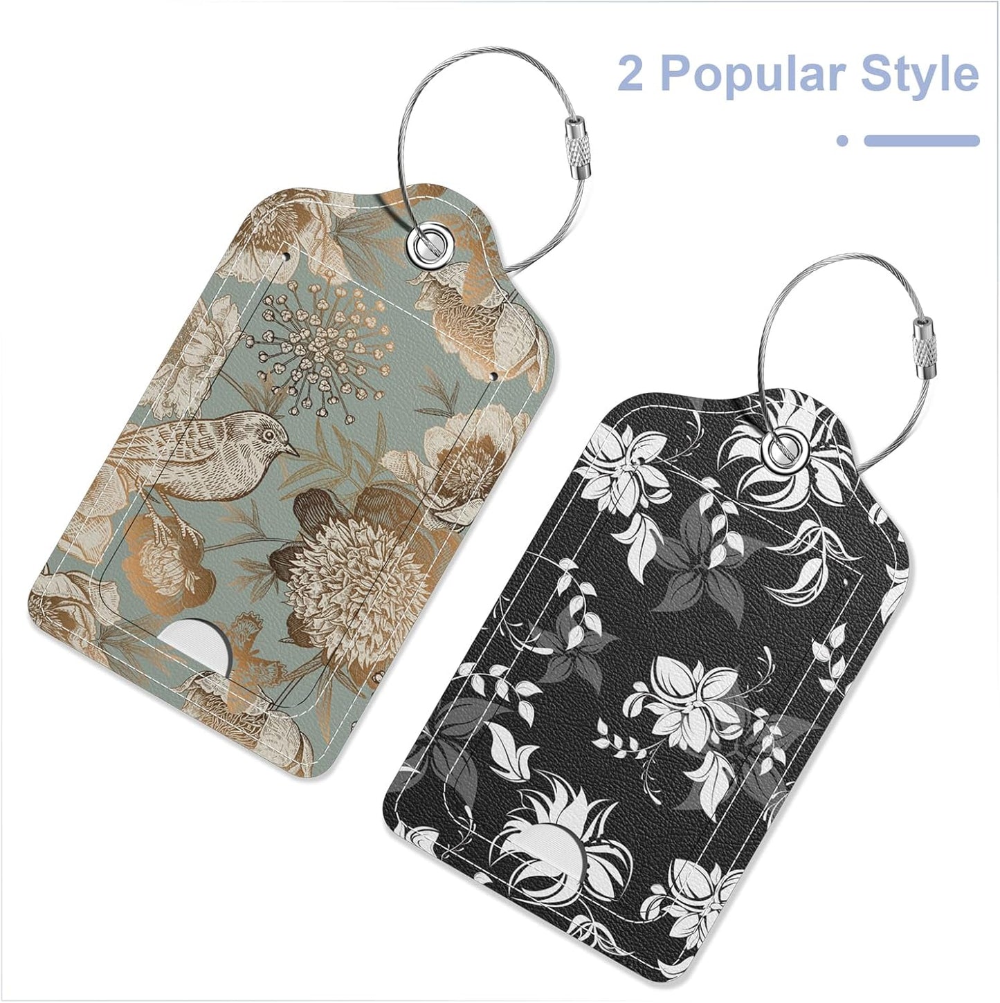 2 Pack PU Leather Luggage Tags for Suitcase, Travel Cruise Luggage Tag with Privacy Flap, Name ID Label and Metal Loop for Women Men Baggage Handbag School Bag Backpack, Flowers Bird