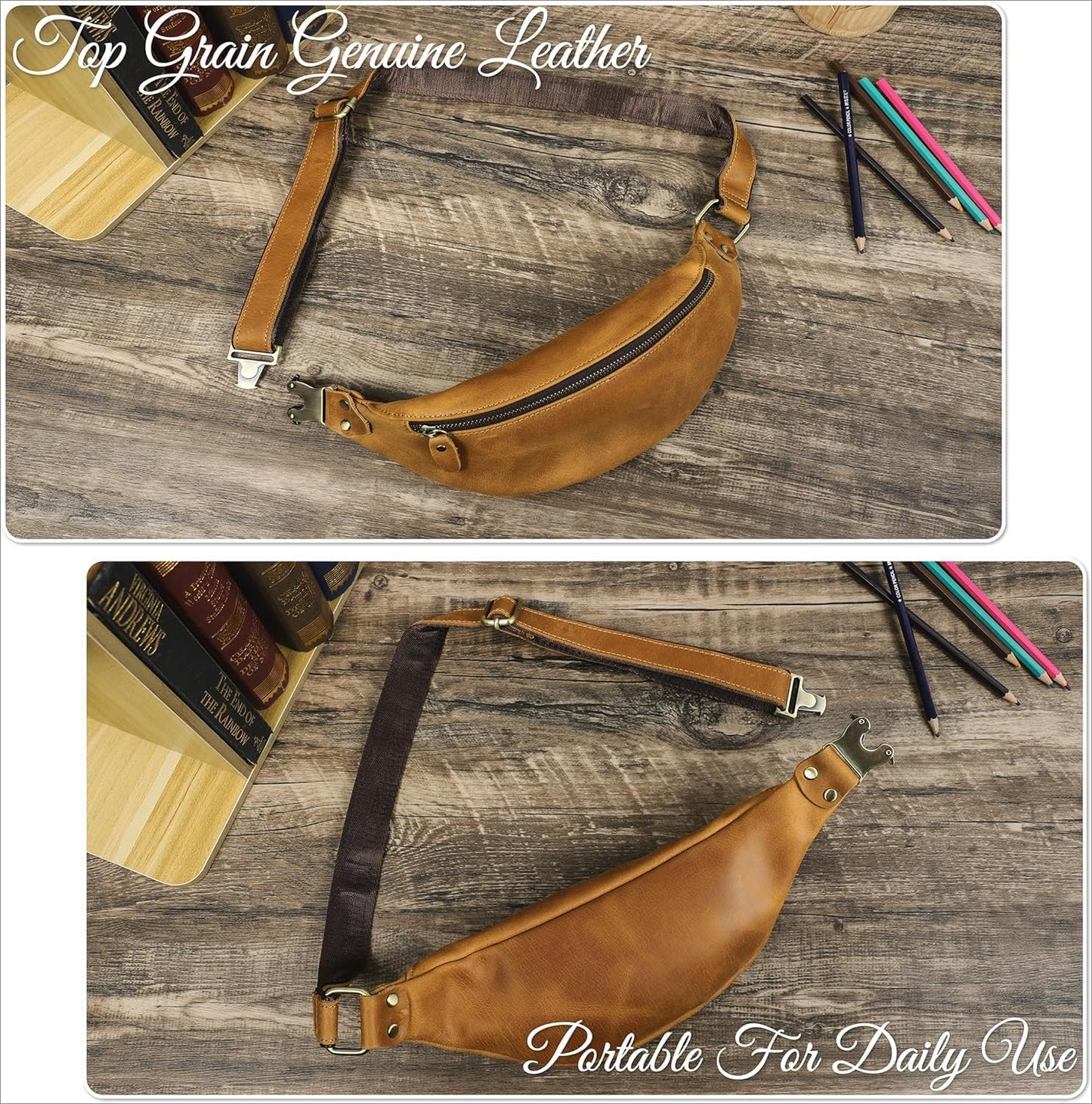 Slim Genuine Leather Waist Pack for Men Women Vintage Crossbody Fanny Pack Travel Riding Detachable Belt Bag (Vintage Brown)