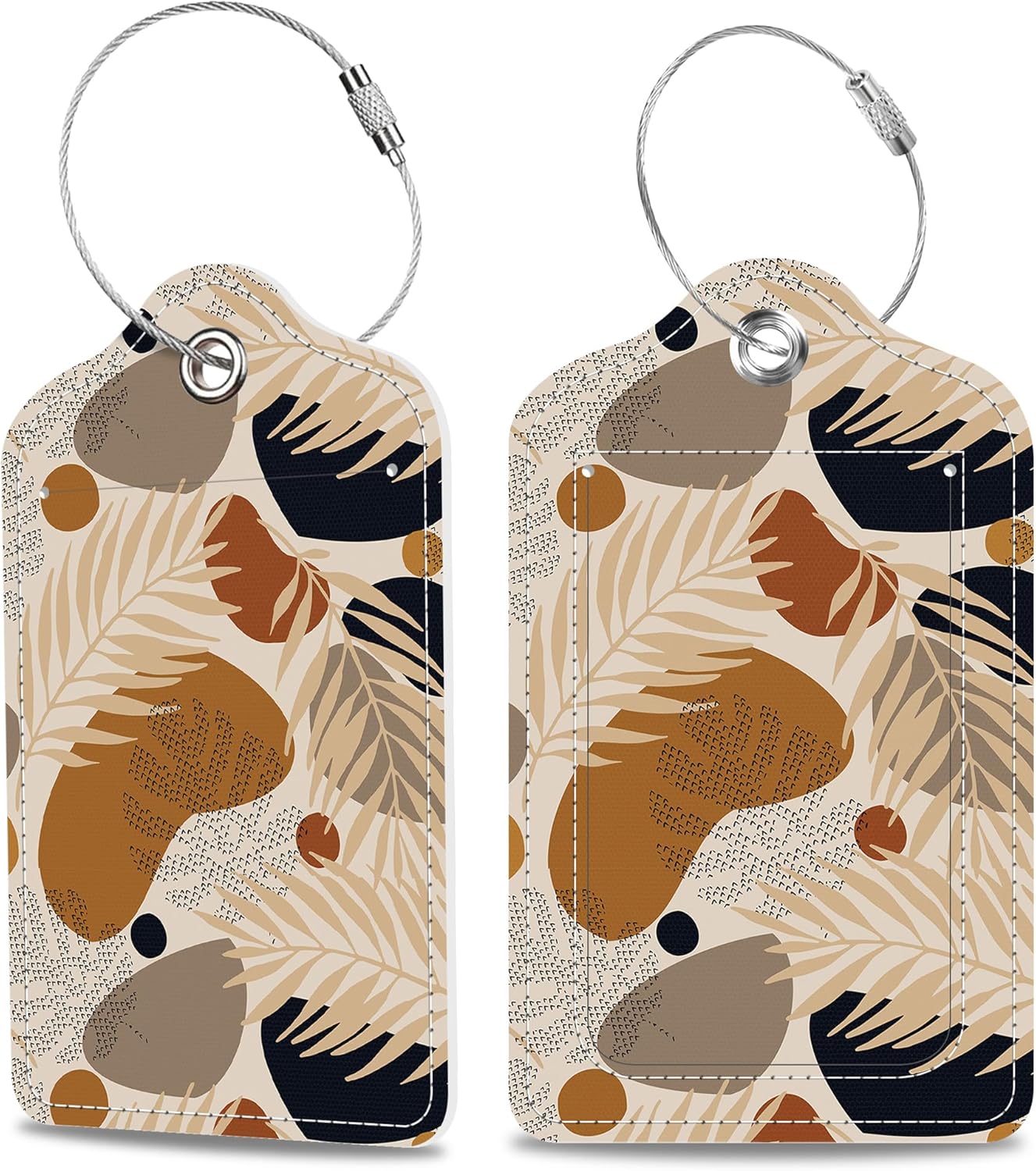 Boho Tropical Leaves Luggage Tags 2PCS PU Leather Suitcases Tag with Stainless Steel Loop and