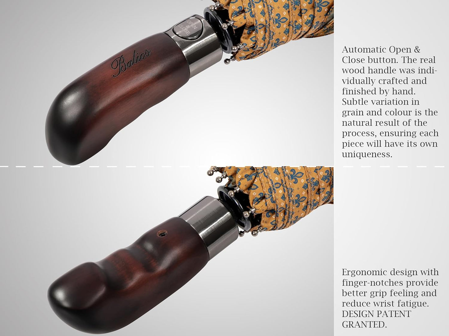 Balios Travel Folding Umbrella with Real Wood Handle Auto Open Close Vented Windproof Canopy - Designed in UK