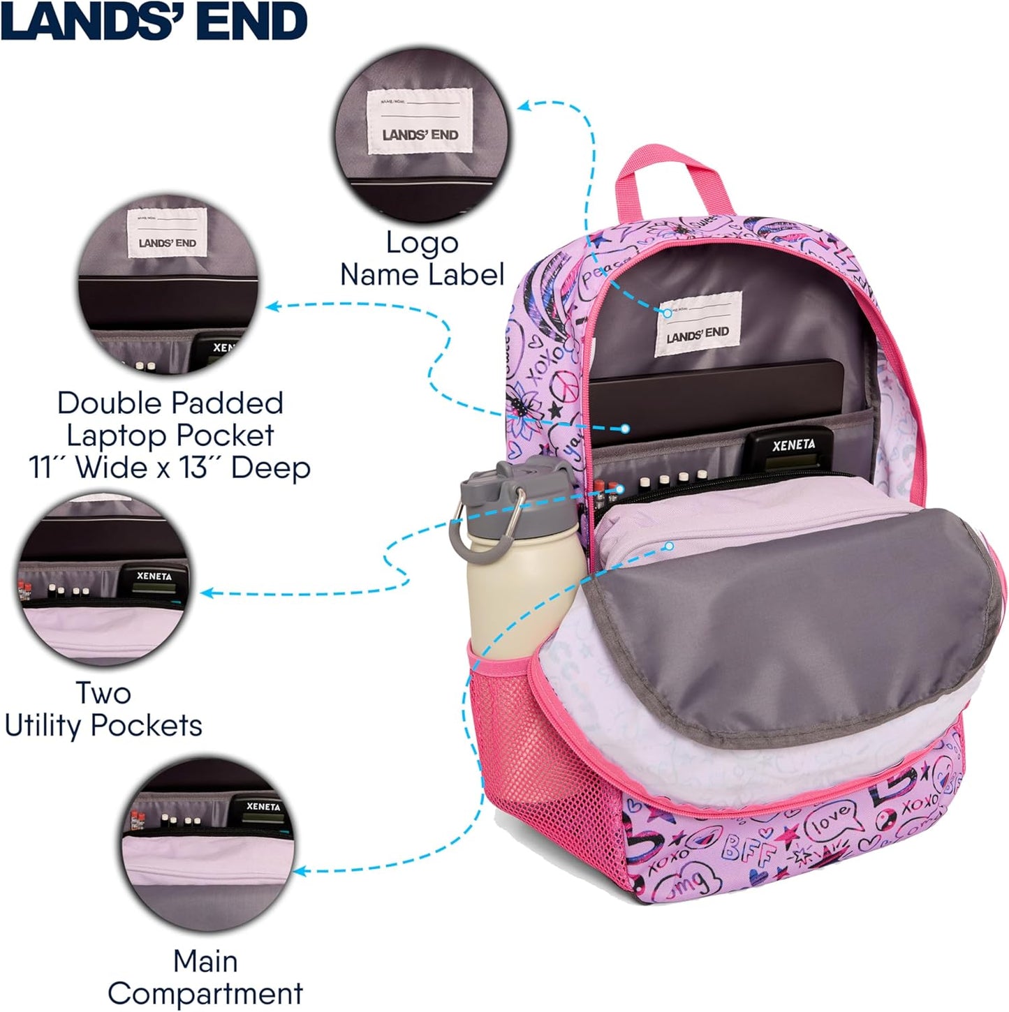 Lands' End Unisex Kids Medium ClassMate Lightweight Durable Elementary School Backpack, Fuchsia Pink
