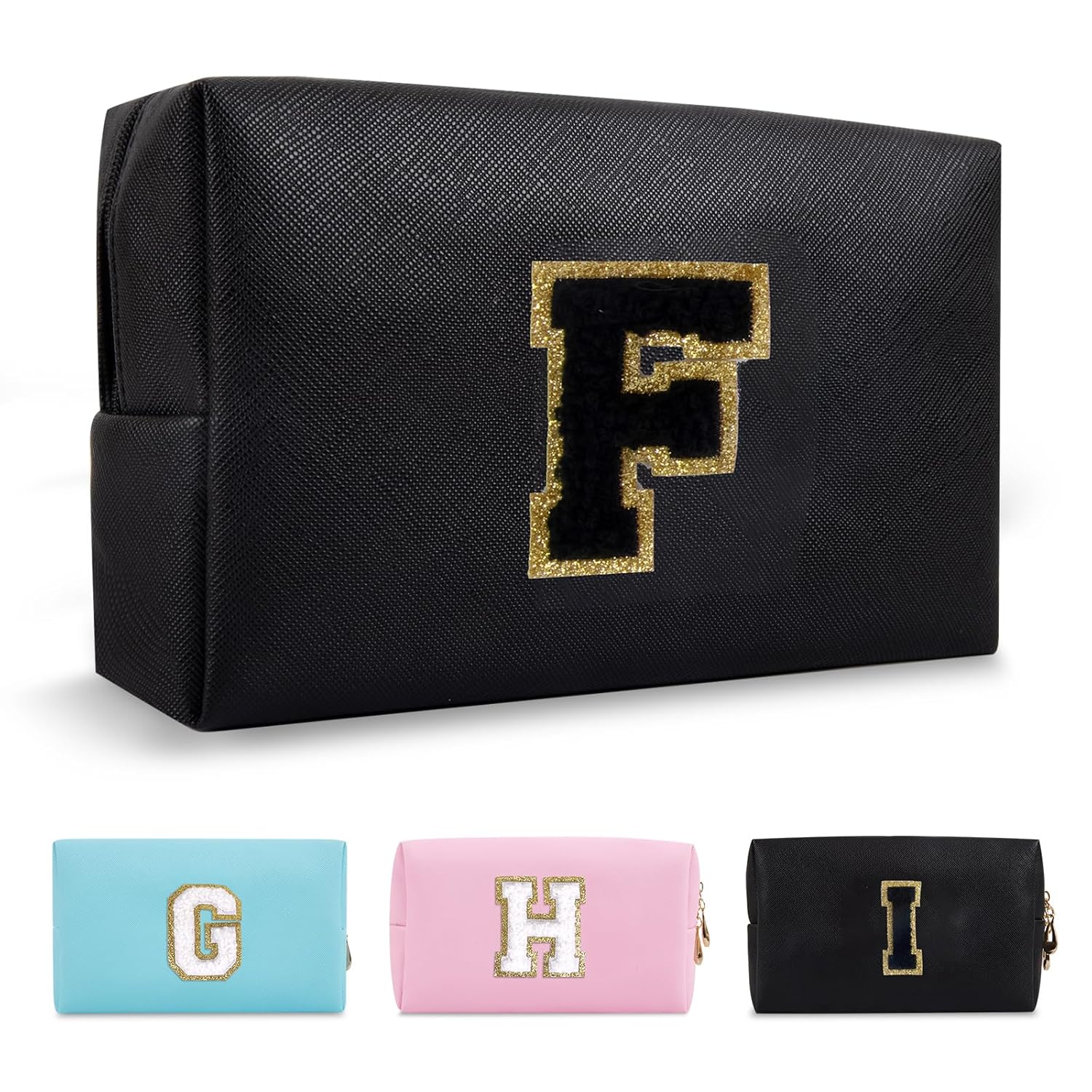 Personalized Initial A-Z Preppy Patch Makeup Bag,Small PU Chenille Letter Cosmetic Bag with Zipper