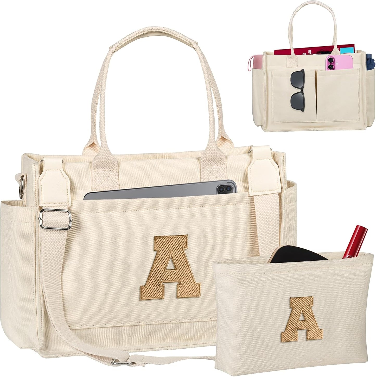 Gifts for Women Teen Girls, Initial Tote Bag with Zipper, Letter Canvas Tote Purse for College Work Laptop Beach