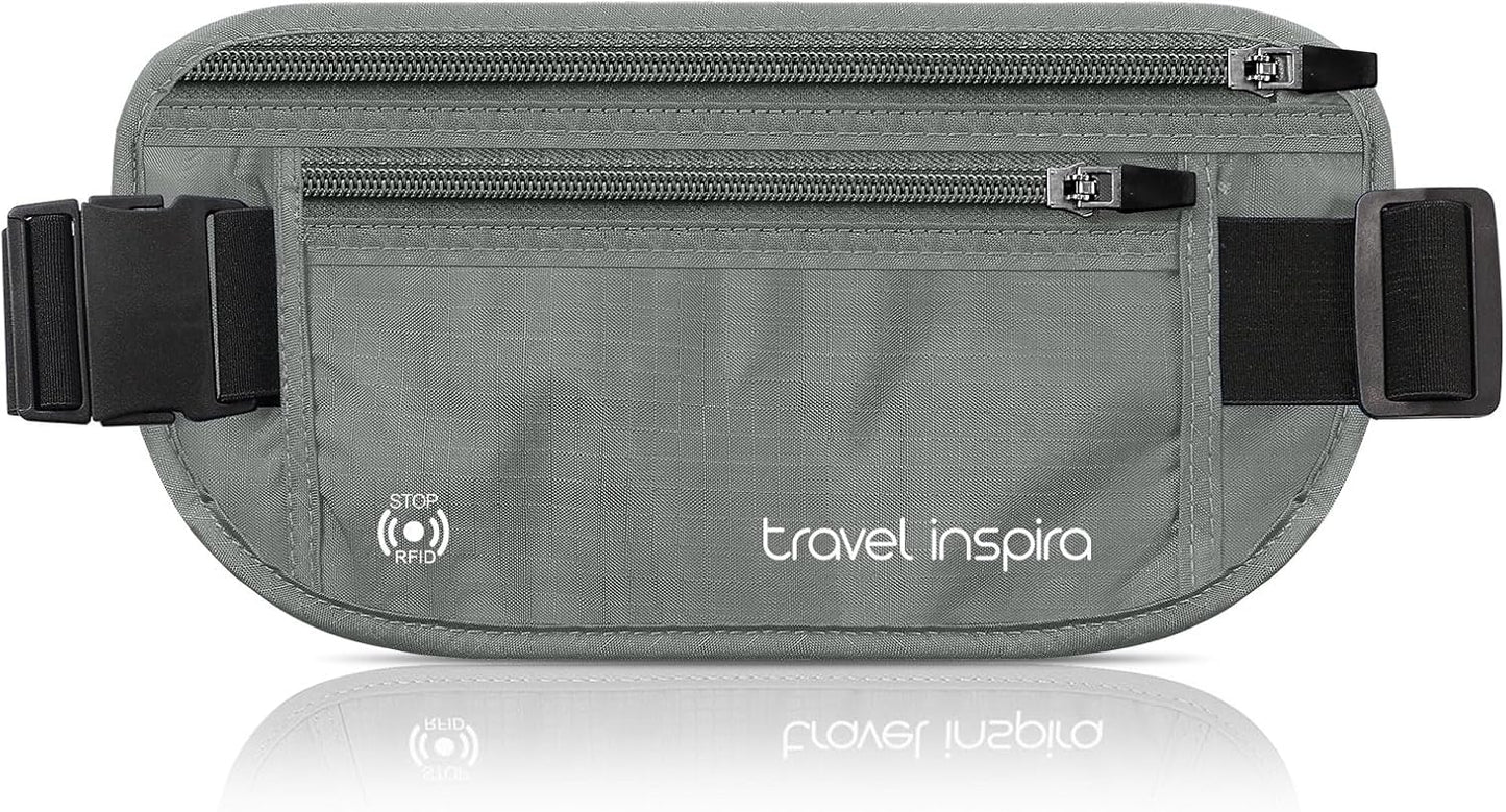 travel inspira Travel Money Belt with Slim Anti-Theft RFID Blocking Passport Holder for Travel Concealed under Clothes for Ultimate Protection of Credit Cards, Cash, Passport & Documents, Grey