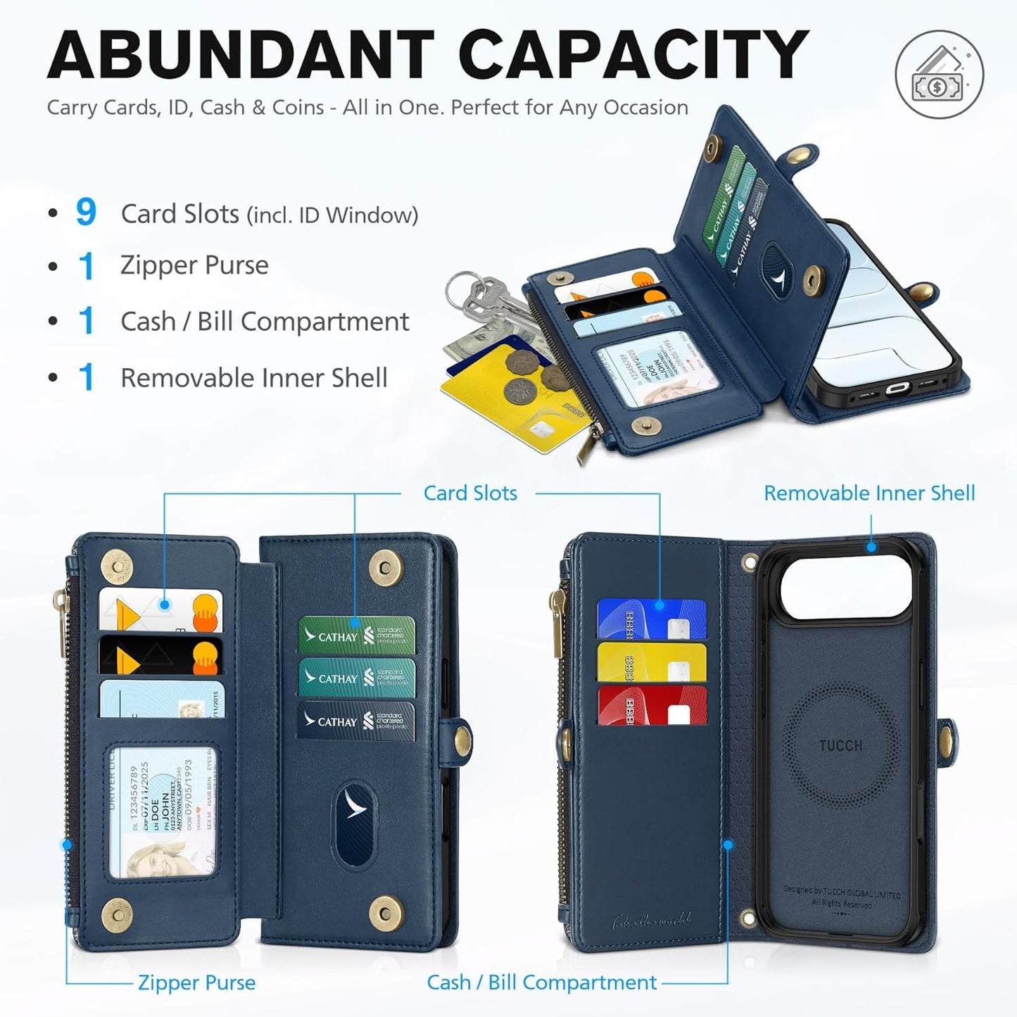 TUCCH Crossbody Detachable Wallet Case for iPhone Air 6.5" 2025, 9 Card Holders RFID Blocking, Wireless Charging, Stand, Wrist Strap, Lanyard, Zipper Pocket, PU Leather Shockproof Cover, Dark Blue