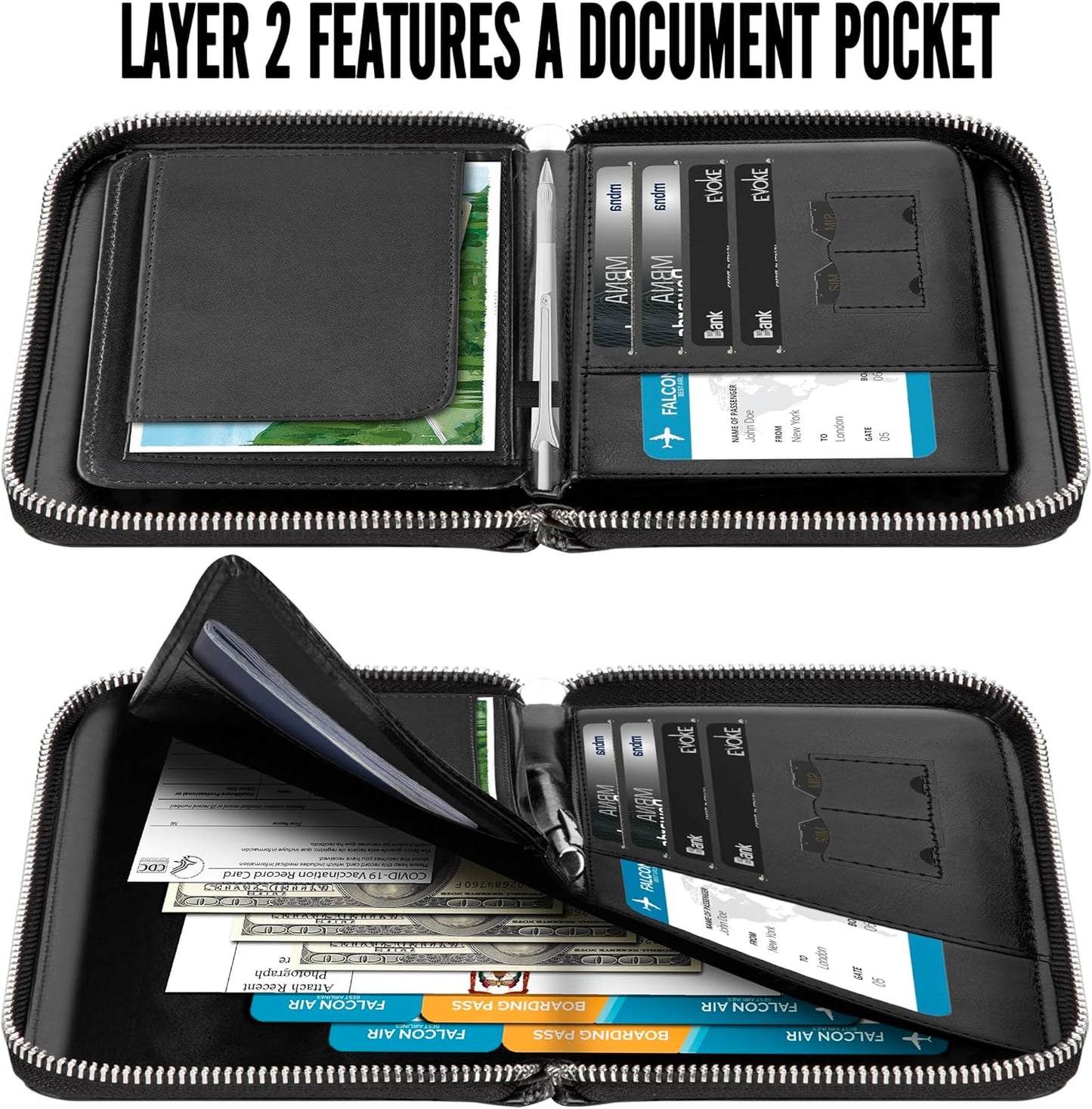 Passport Wallet, Passport Holder for Travel Family, Ultra Large Storage up to 3 Pockets. RFID Passport Cover Case with Zipper Closure