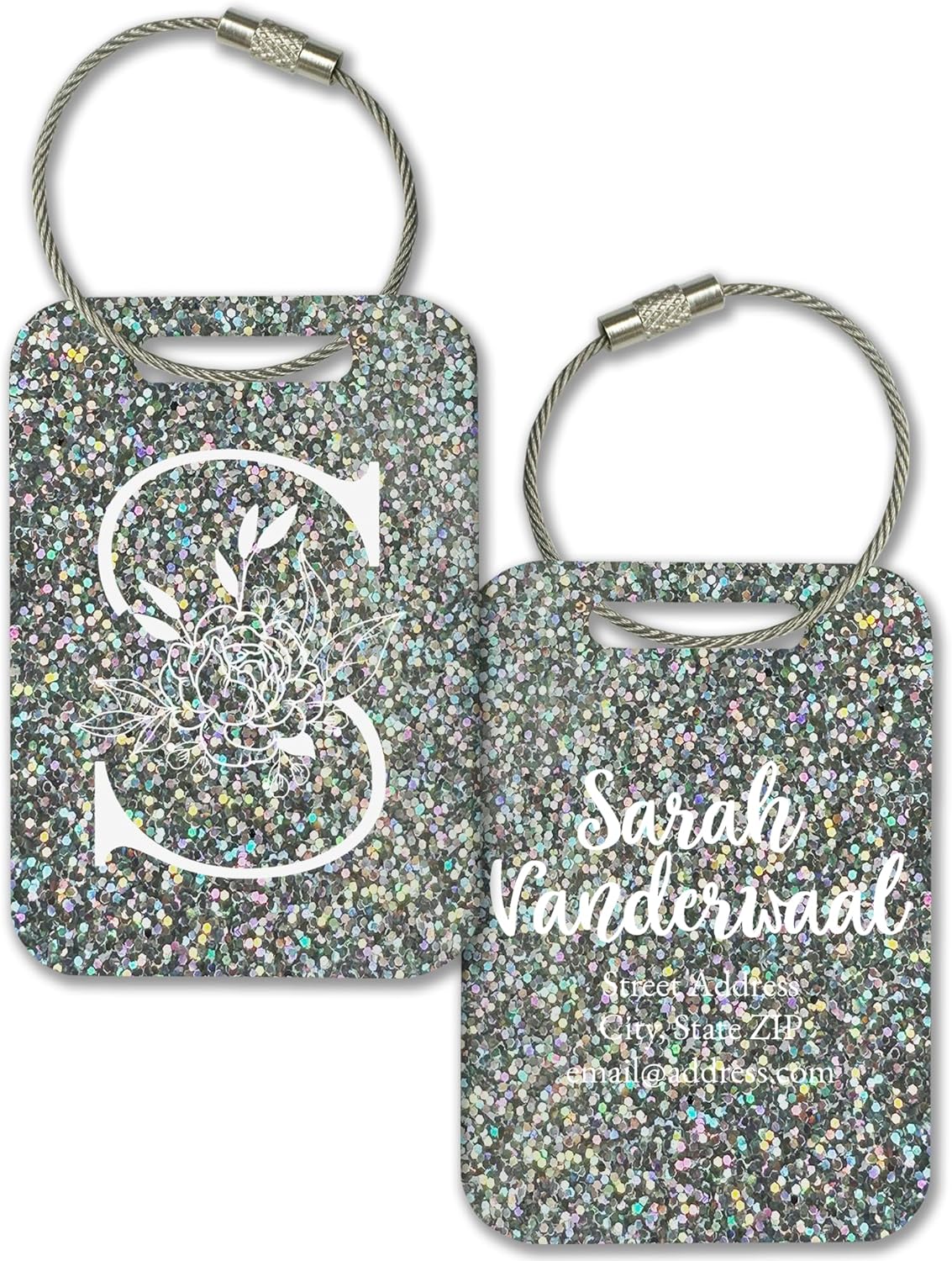 Personalized Monogram Name Tag for Luggage (3 or 6 Count Pack) | Custom Tag for Suitcase | Acrylic Name Tag for Travel | Choose Your Font & Color | Backpack ID Label (Monogram, Rainbow Silver Glitter)
