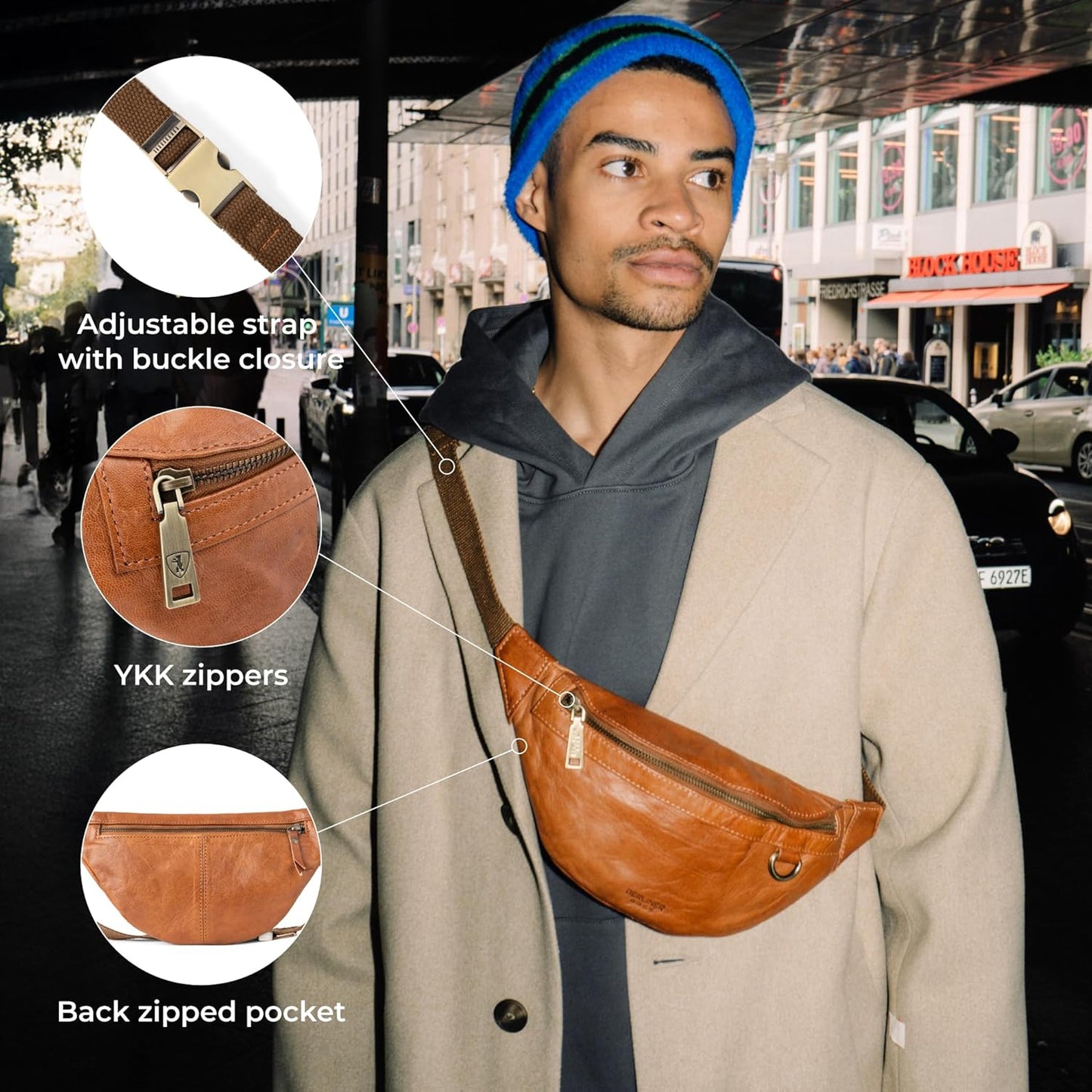 Berliner Bags Vintage Genuine Leather Fanny Pack Turin, Belt Bag, Crossbody Sling Bag for Men and Women - Brown