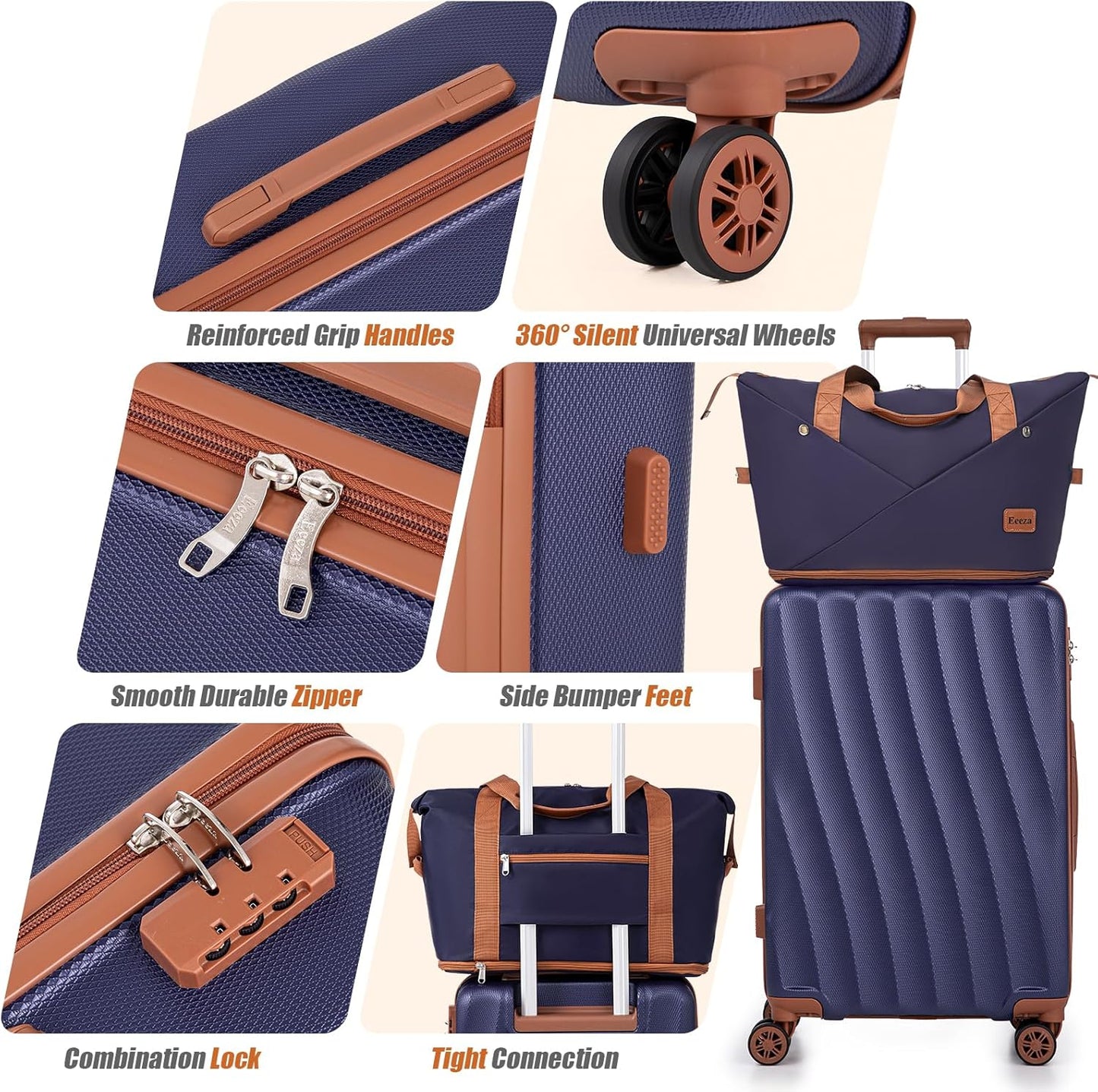 Carry on Luggage Sets 22x14x9 Airline Approved Durable Travel Luggage Suitcases with Wheels,ABS Hard Case Suitcases with Spinner Wheels,(Purple,3 Piece Sets(20"/DB/TB))
