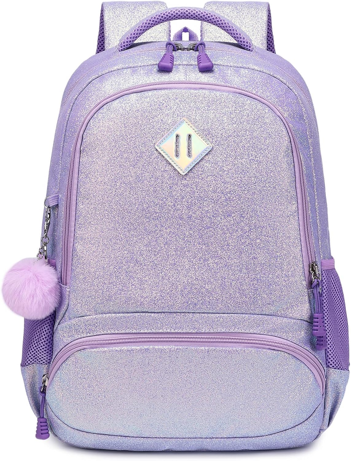 School Backpack for Girls Shiny Glitter Sparkly Bookbag for Kids Elementary Middle School Bags for Girl Blingbling Purple