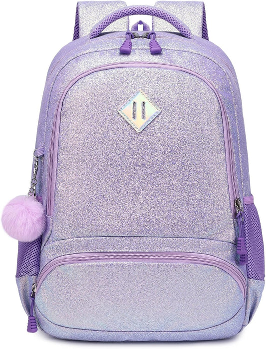 School Backpack for Girls Shiny Glitter Sparkly Bookbag for Kids Elementary Middle School Bags for Girl Blingbling Purple