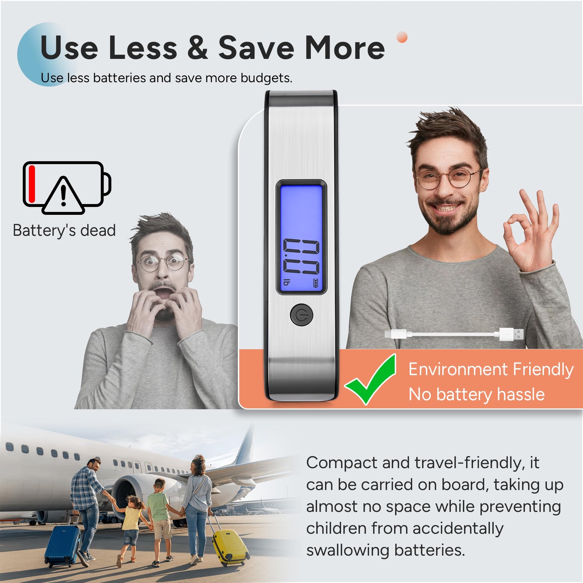 travel inspira Rechargeable Luggage Scale 110lb/50kg - Large Backlit Display - Stainless Steel