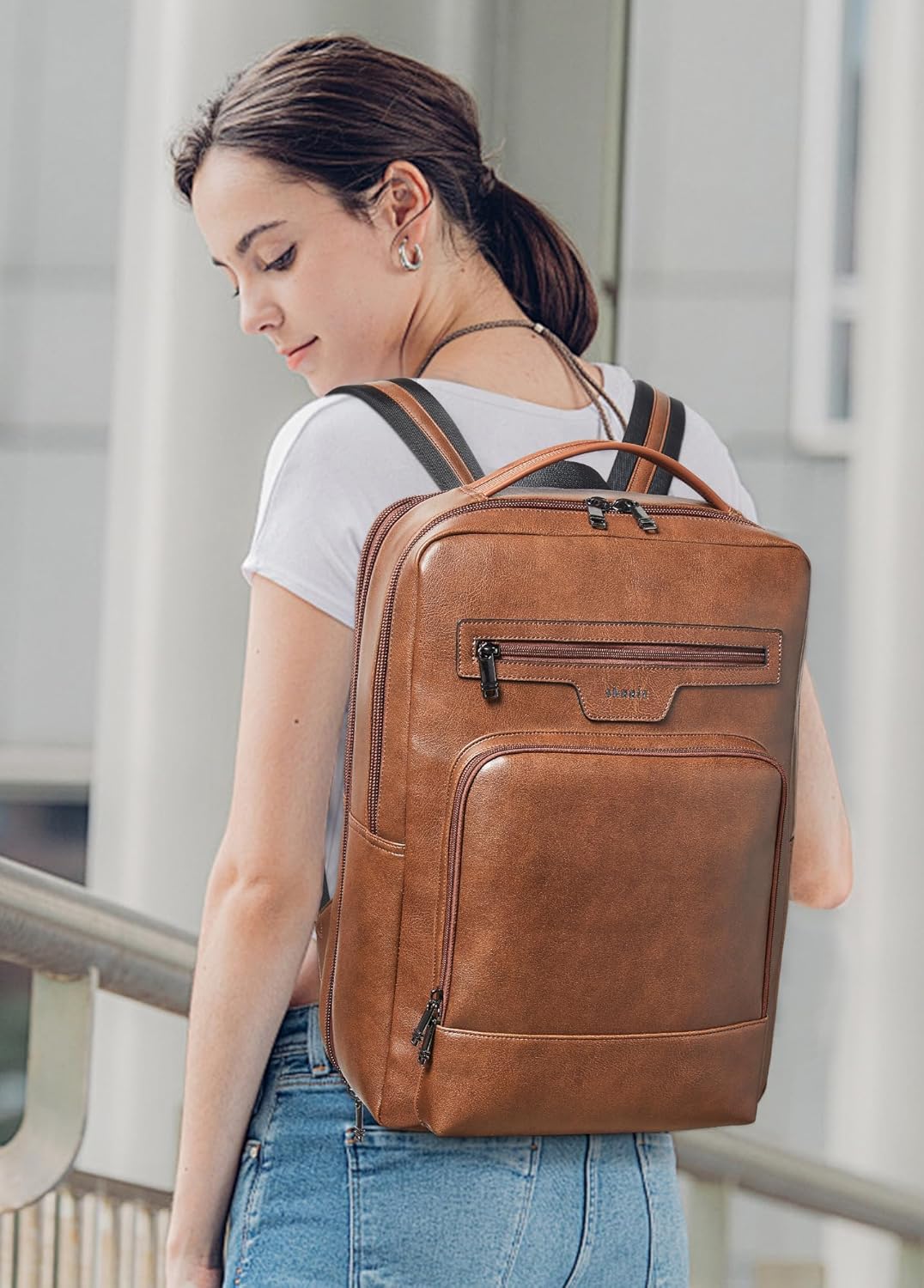 Shrrie Leather Laptop Backpack for Women and Men,28 L Travel Backpack Computer Bag Fits 16 inch Laptop,Expandable Casual Daypack with USB Port for Work Business Weekender College,Brown