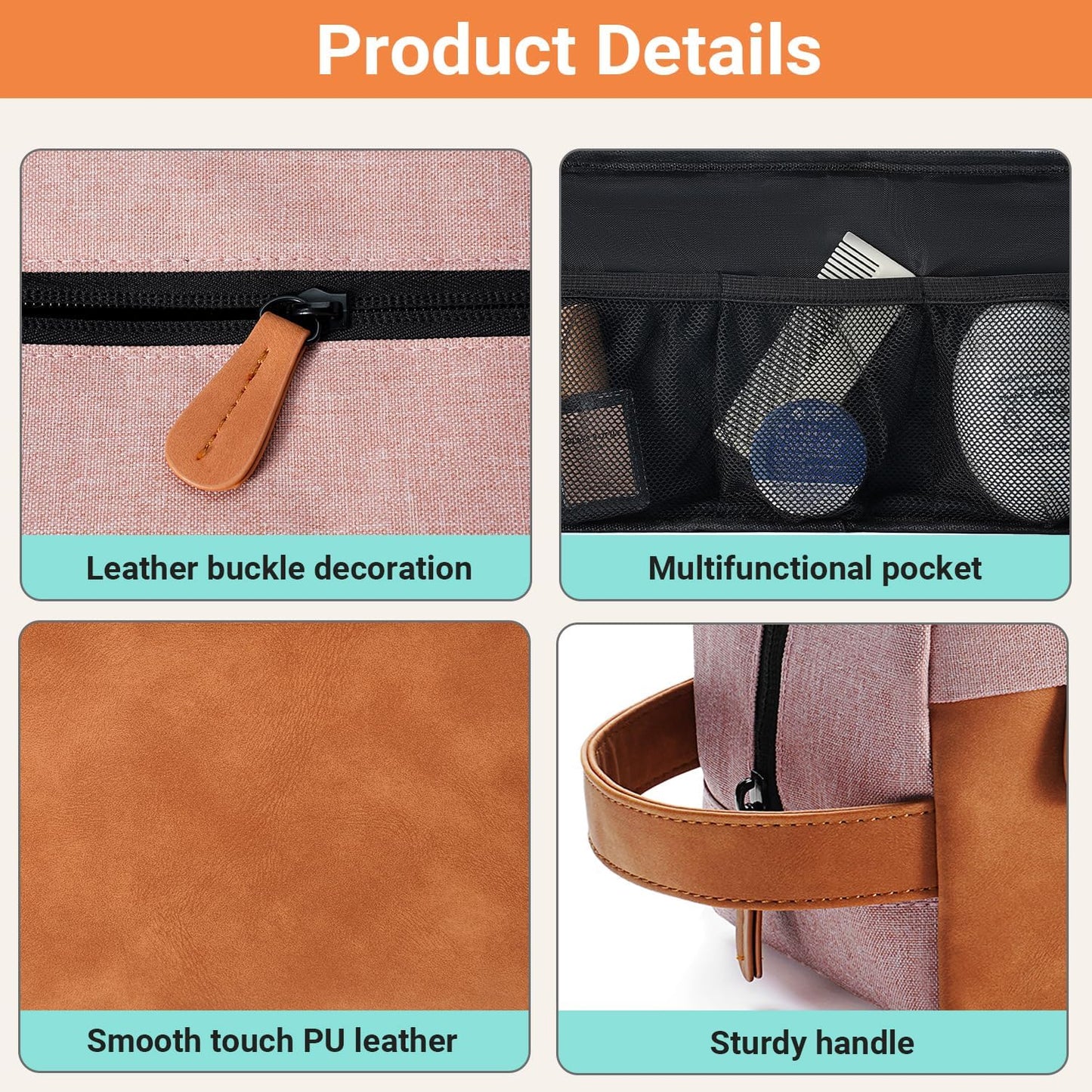 Elviros Travel Toiletry Bag for Men, Hanging Toiletries Bag Water Repellent Dopp Kit PU Leather Travel Bag for Toiletries Accessories, Pink