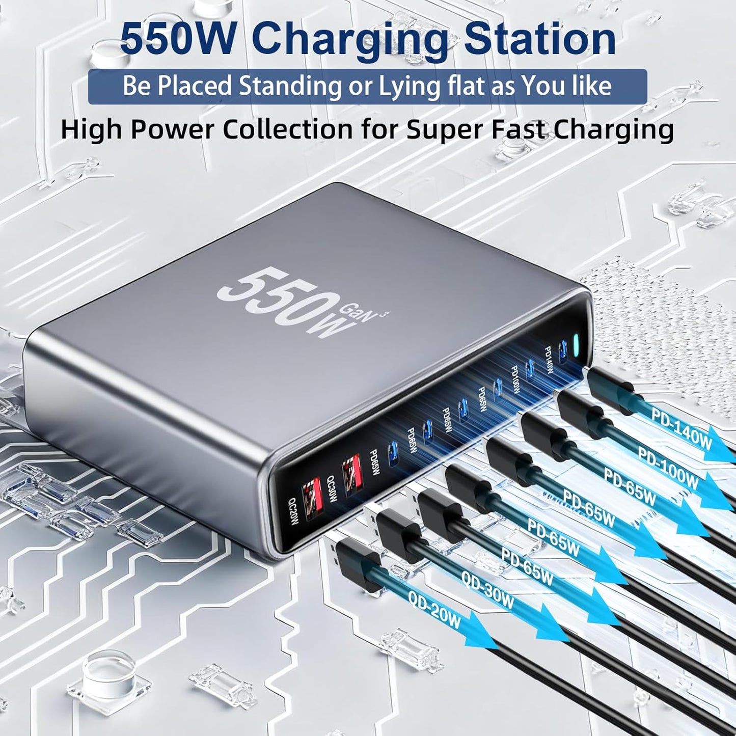 550W USB C Fast Charger Block, 8 Port USB Charging Station, GaN Ⅲ Pro Double 140W PD PPS Port Fast Charging Station for Multiple Devices,Laptop Wall Charger Compatible with iPhone 17/iPad/MacBook etc