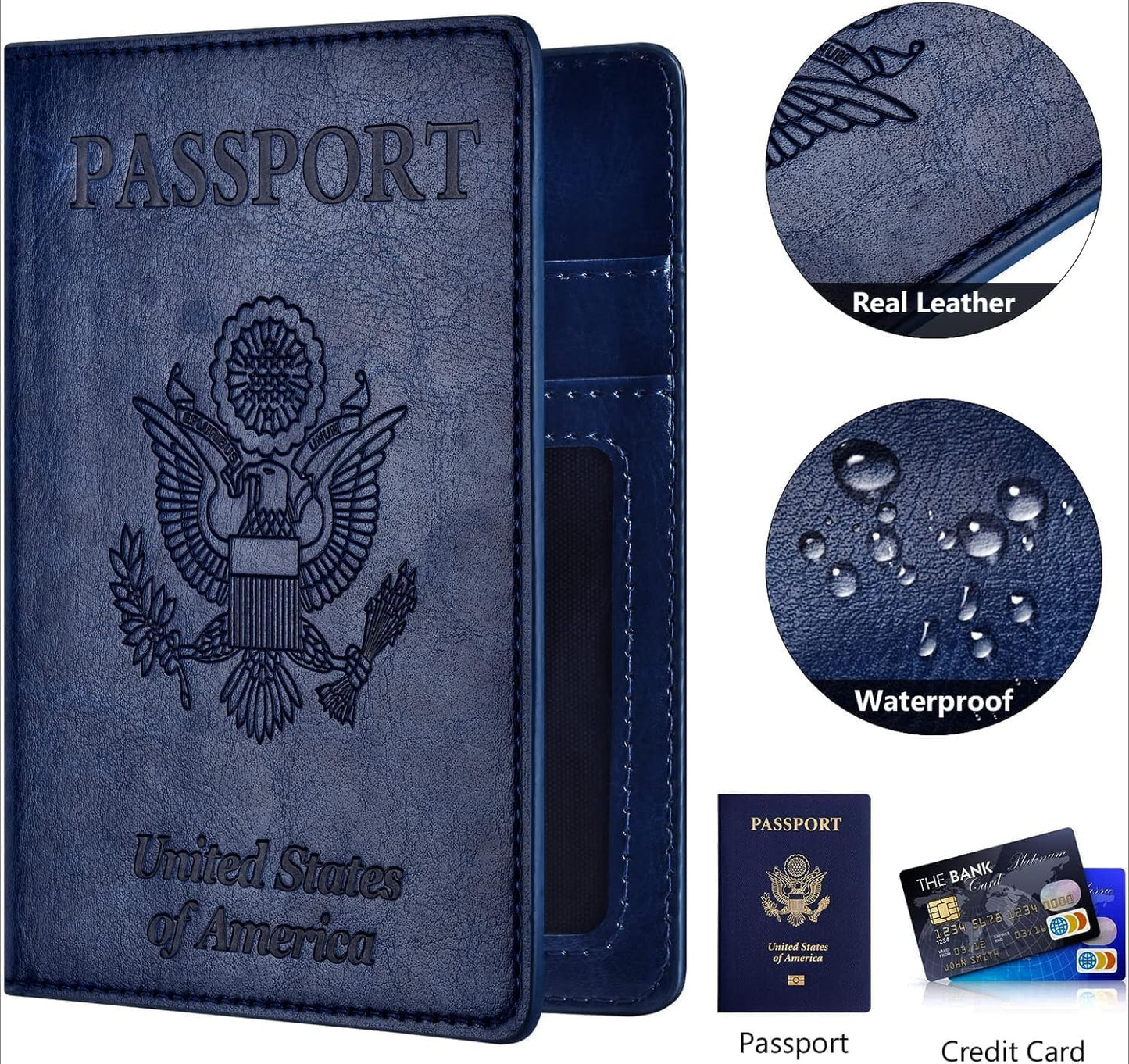 Real Leather Wallet RFID Family Passport Holder Waterproof Travel Black (Blue)
